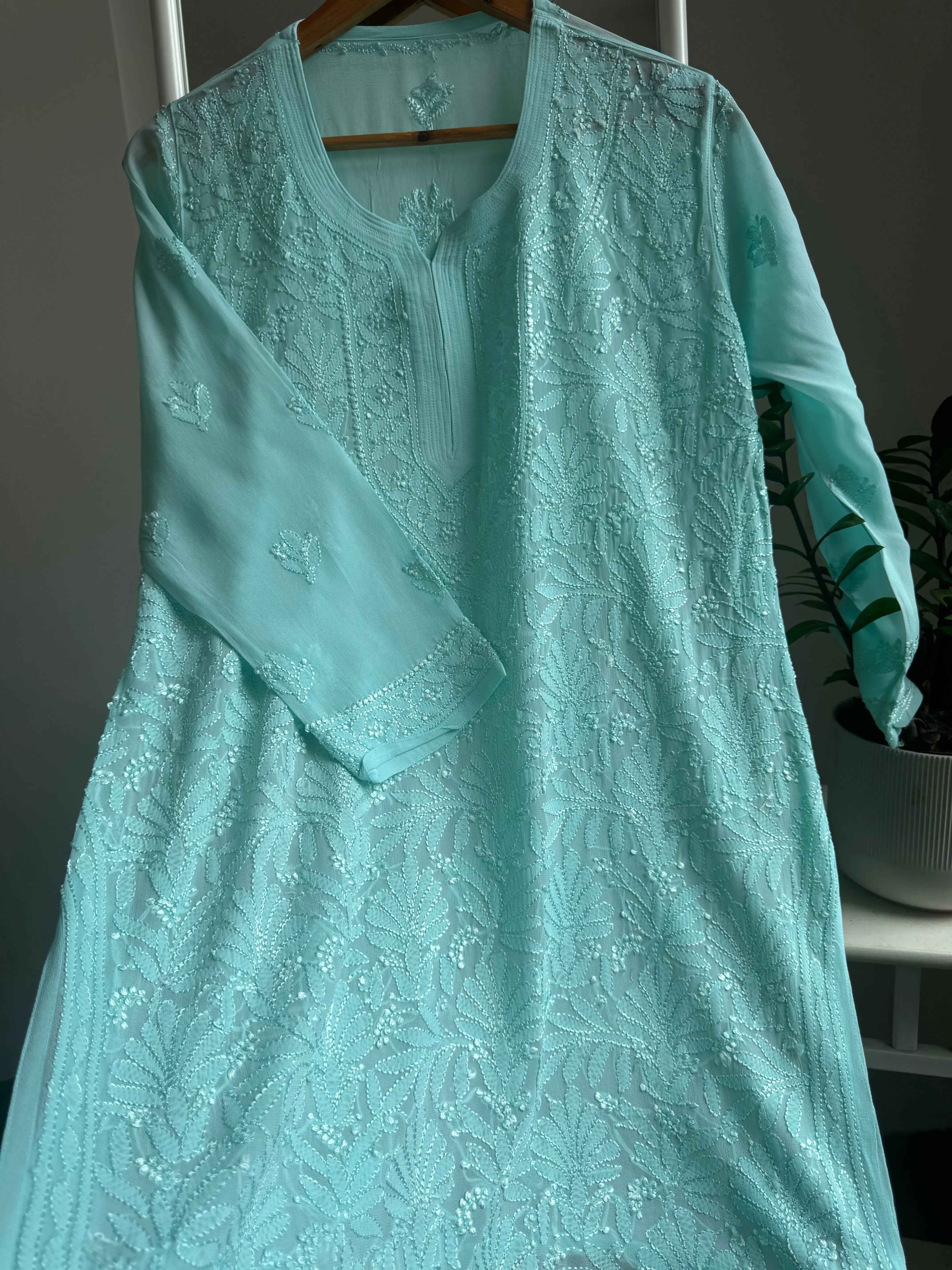 Chikankari Viscose Georgette short Top in Cyan Green ARIAA CHIKANKARI