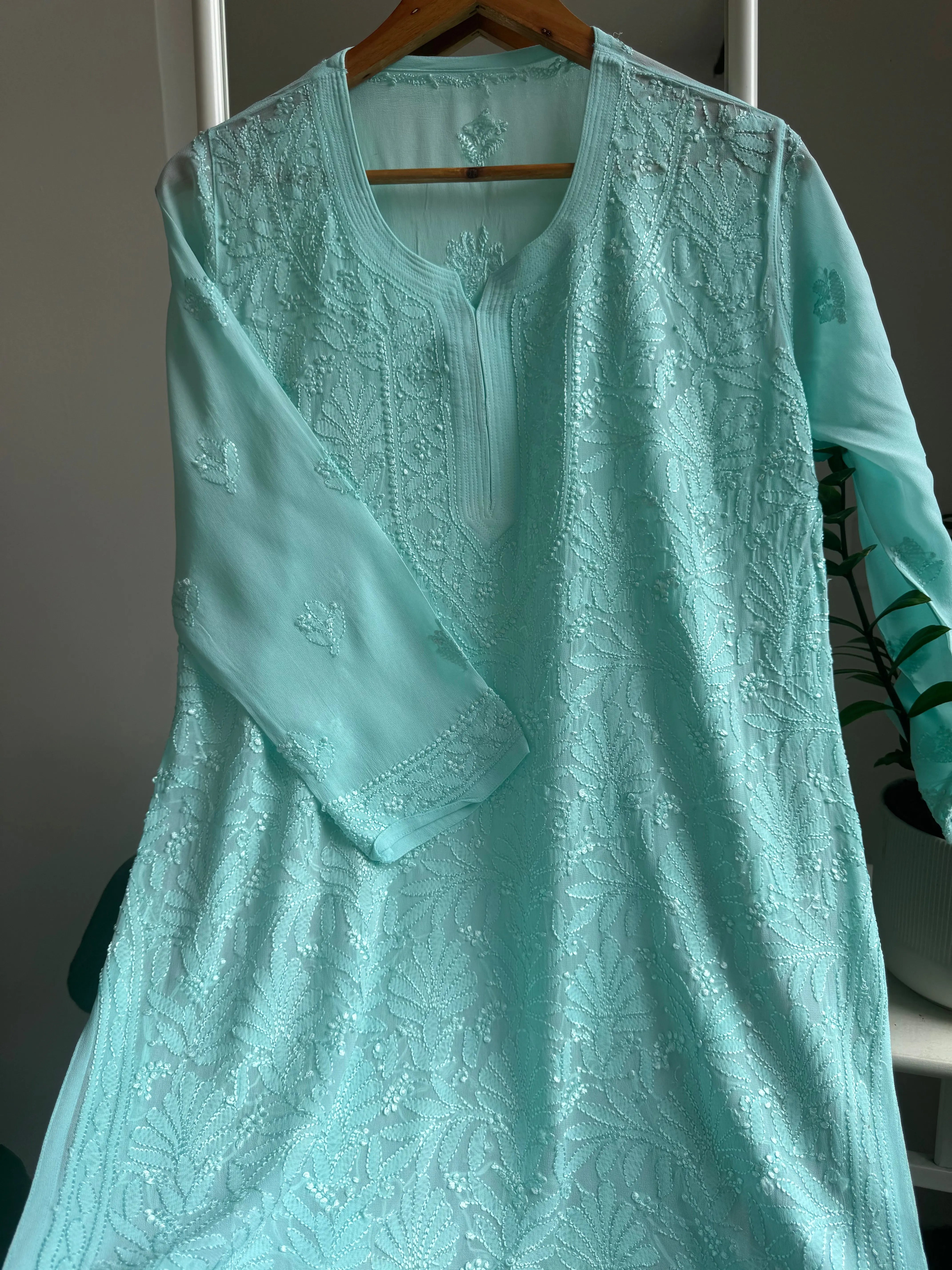 Chikankari Viscose Georgette short Top in Cyan Green ARIAA CHIKANKARI