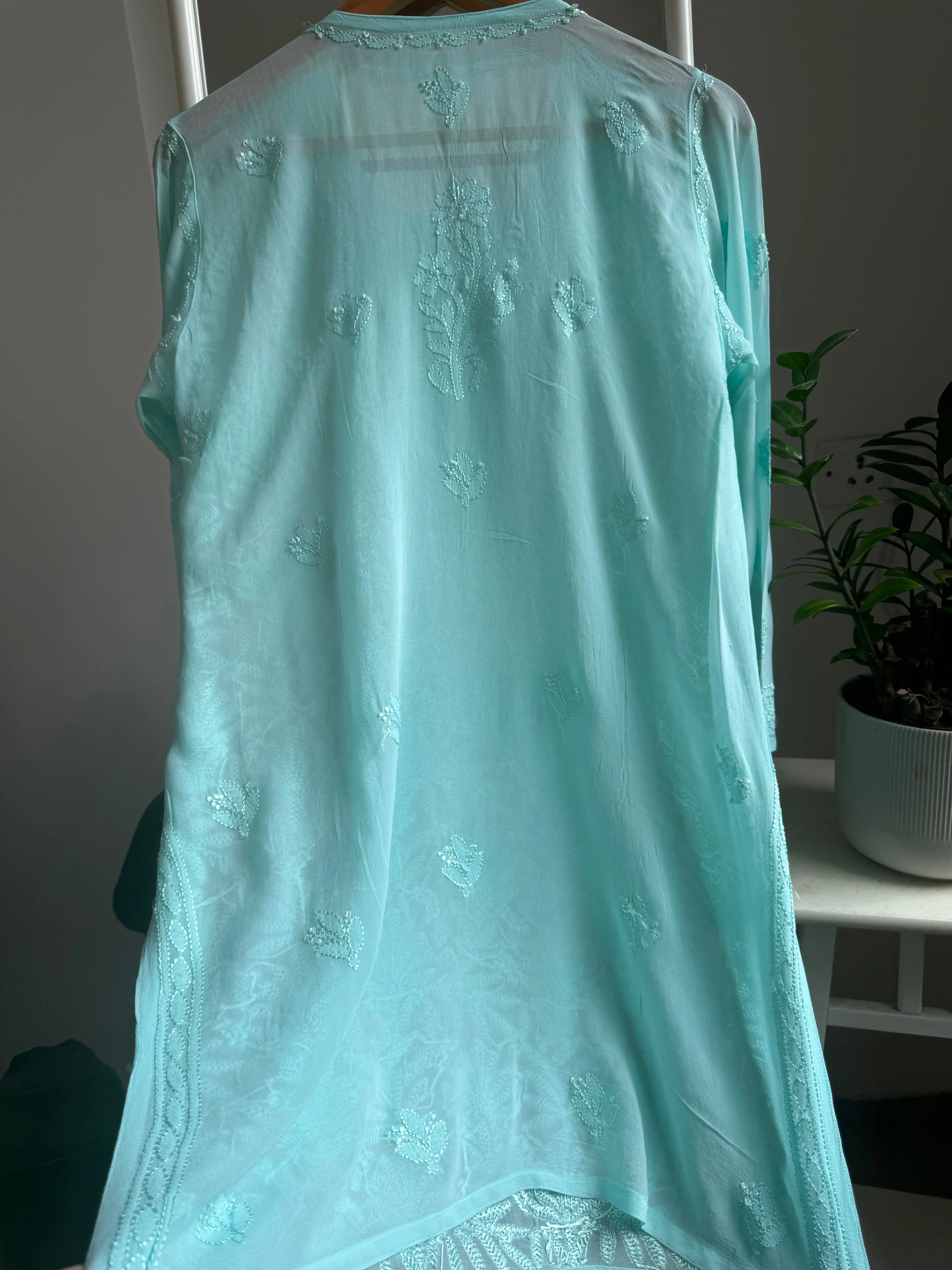 Chikankari Viscose Georgette short Top in Cyan Green ARIAA CHIKANKARI