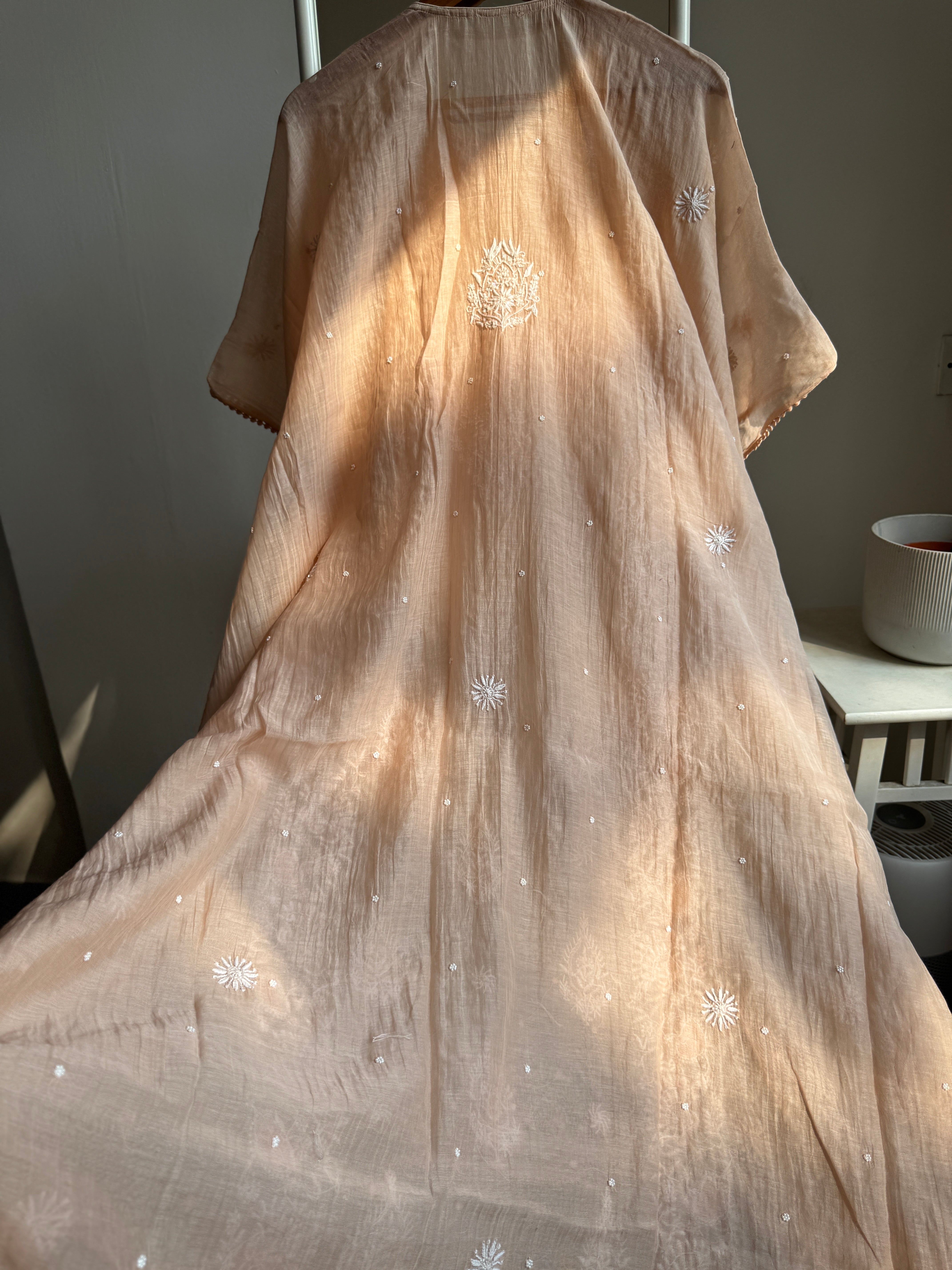Mul Chanderi Chikankari Kaftan - Blush peach