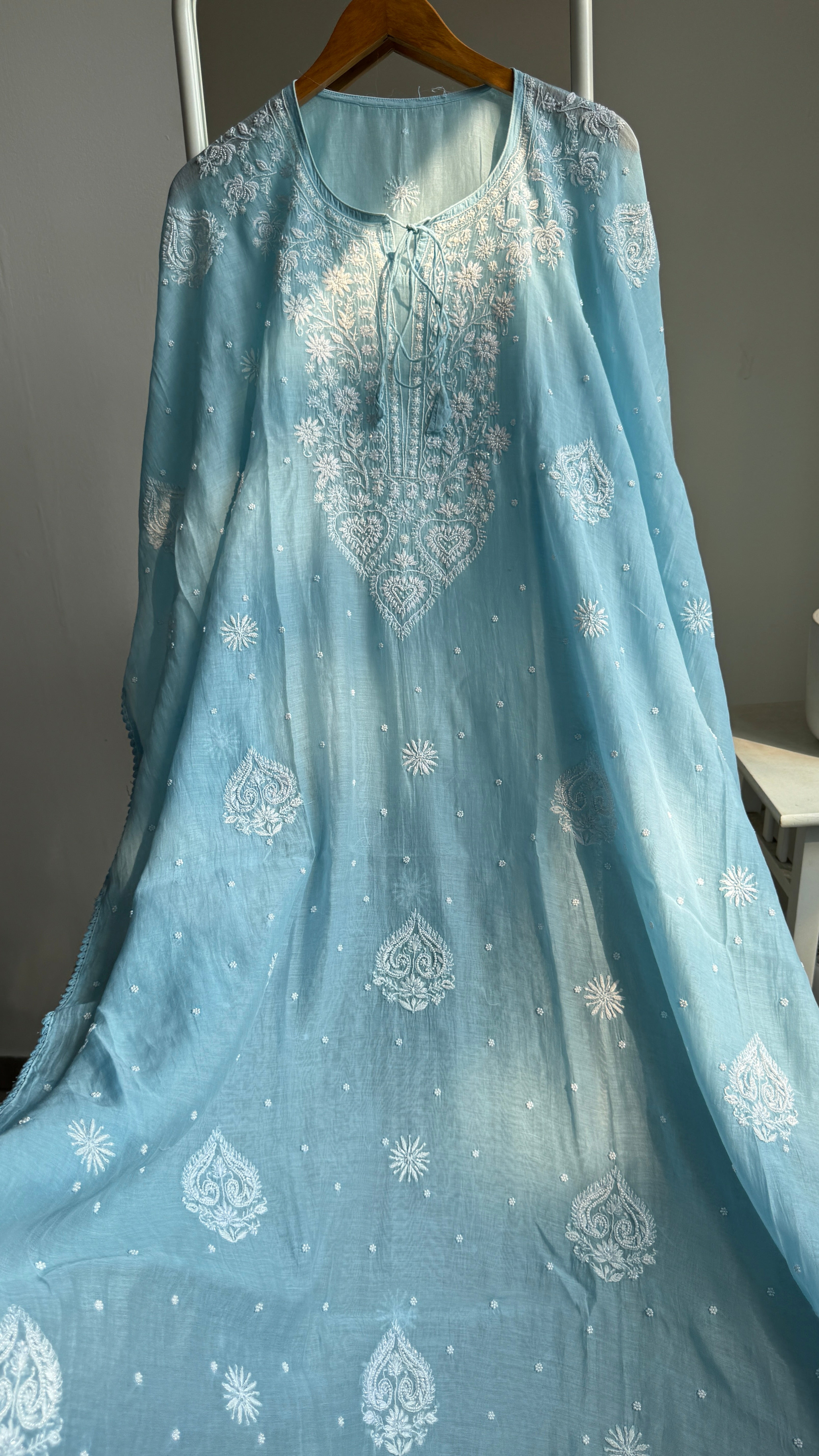 Mul Chanderi Chikankari Kaftan - Blue