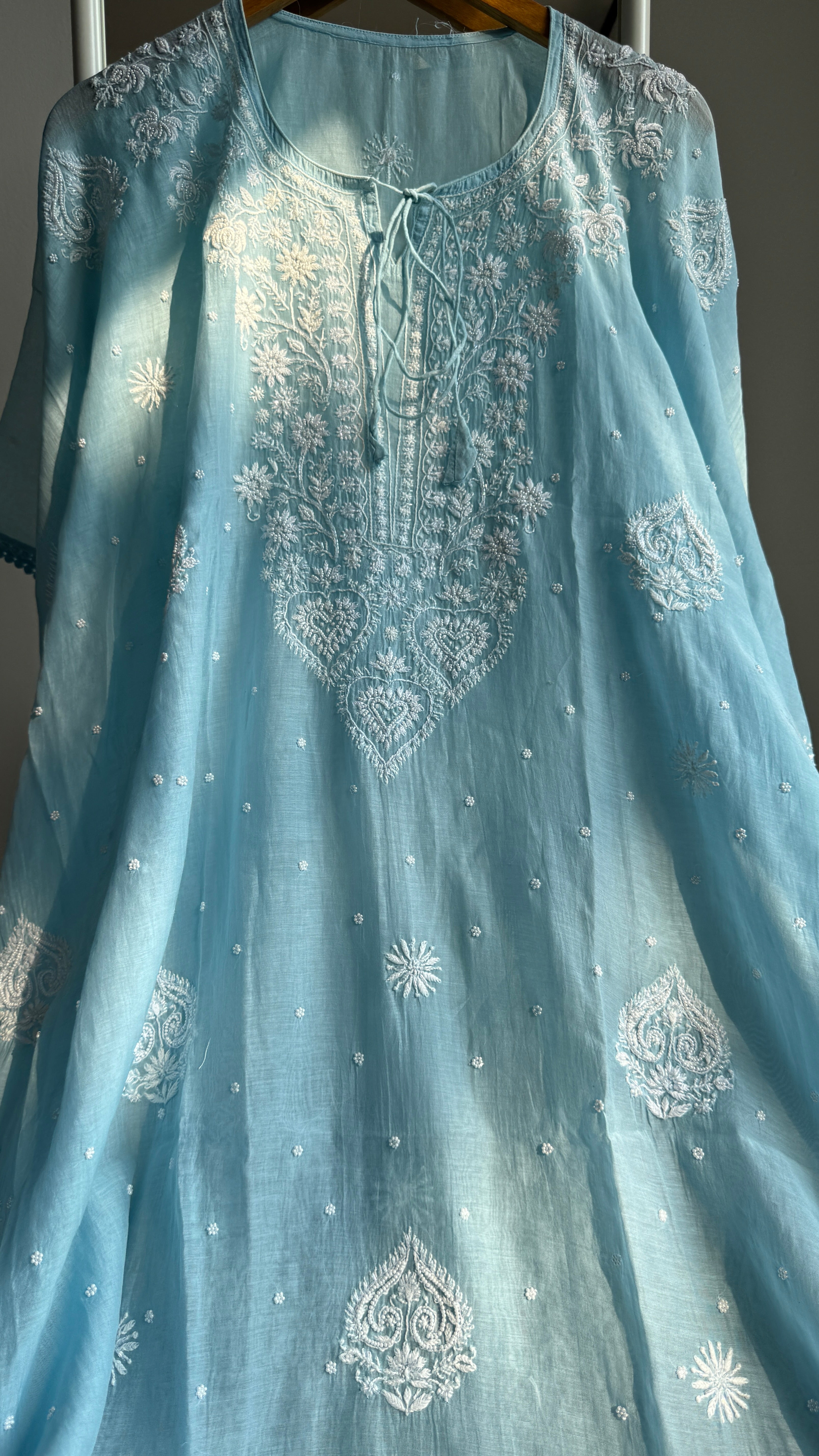 Mul Chanderi Chikankari Kaftan - Blue
