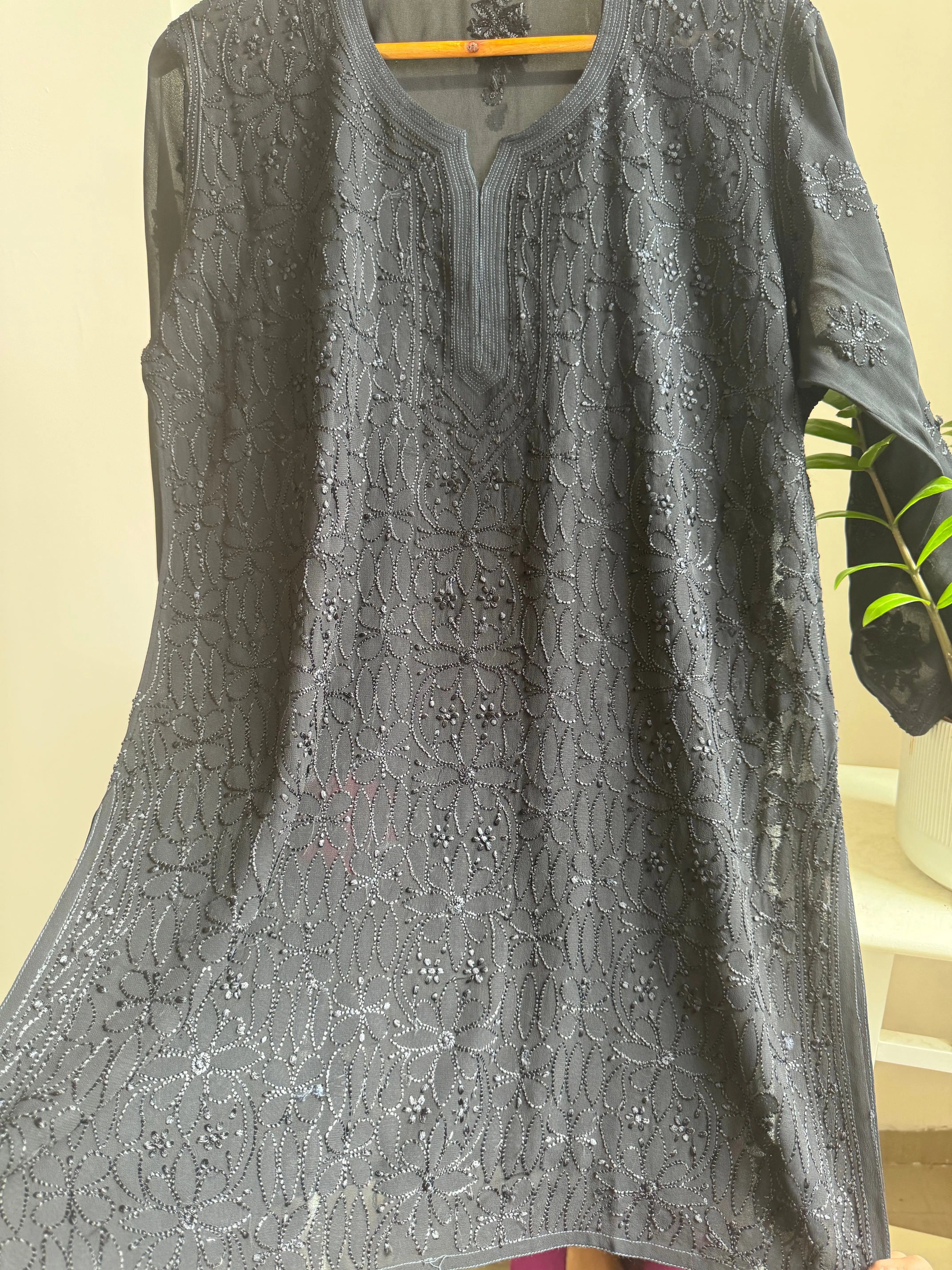 Chikankari Viscose Georgette short Top in Black ARIAA CHIKANKARI