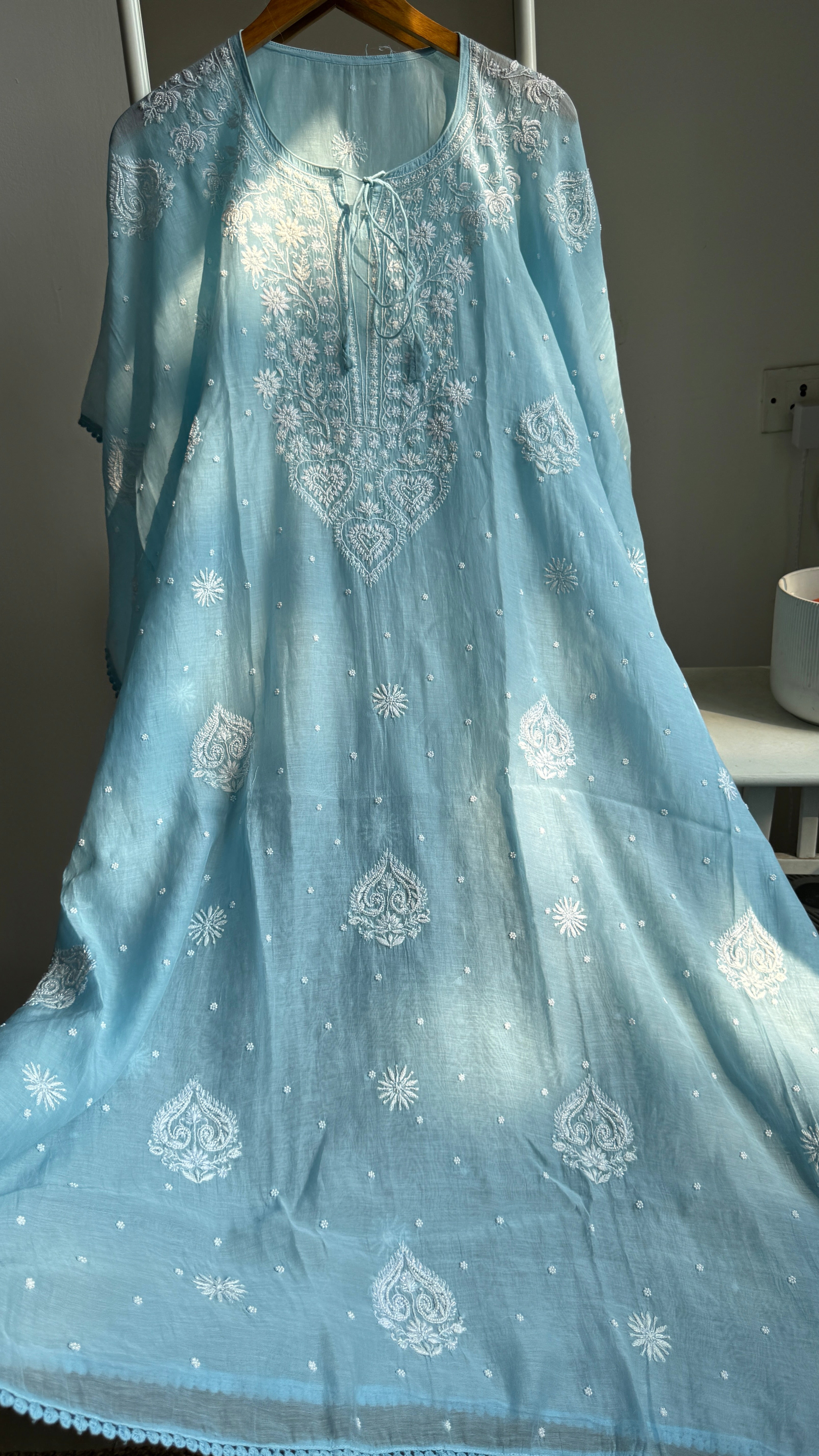 Mul Chanderi Chikankari Kaftan - Blue
