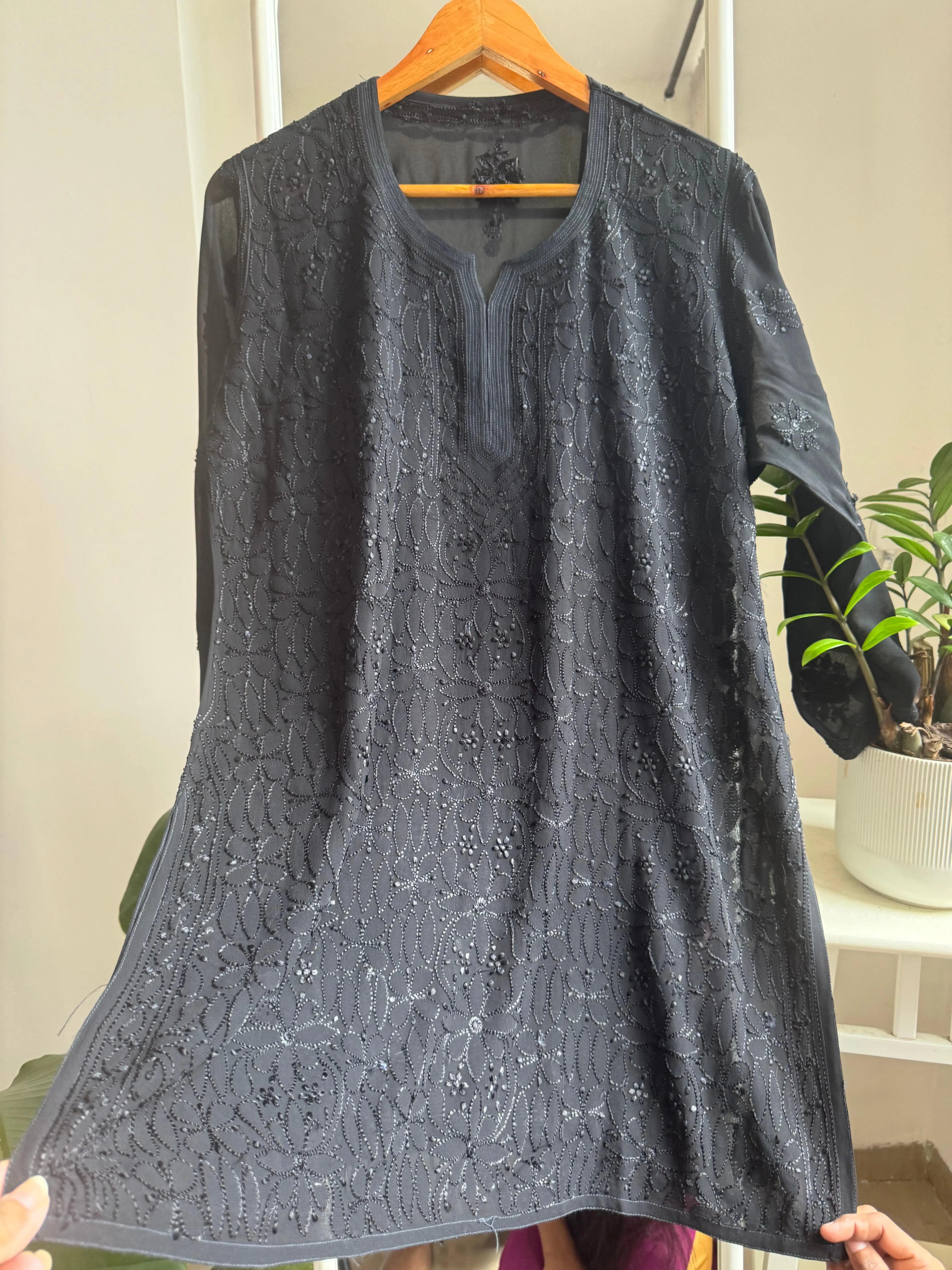 Chikankari Viscose Georgette short Top in Black ARIAA CHIKANKARI