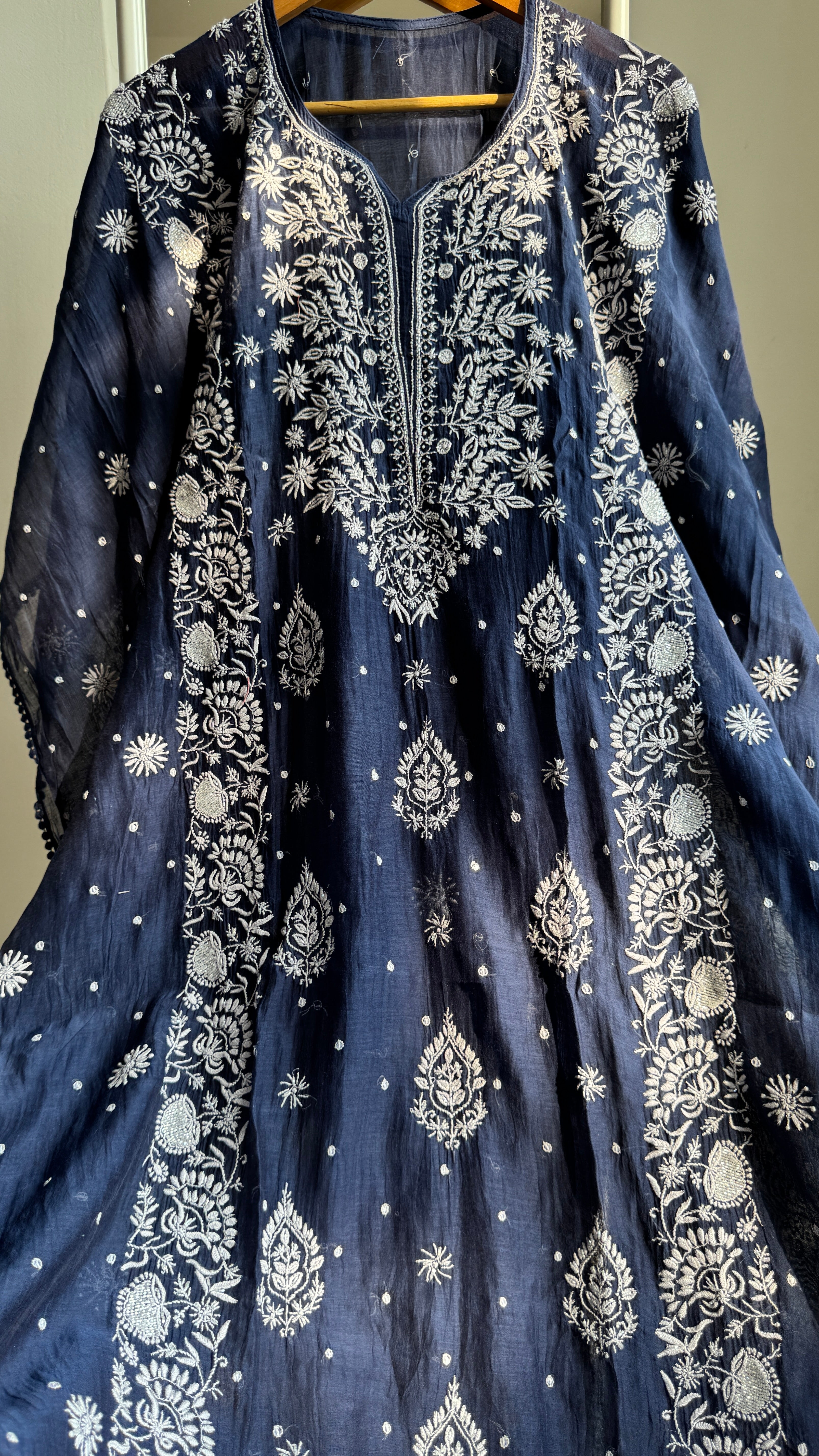 Mul Chanderi Chikankari Kaftan - Navy Blue