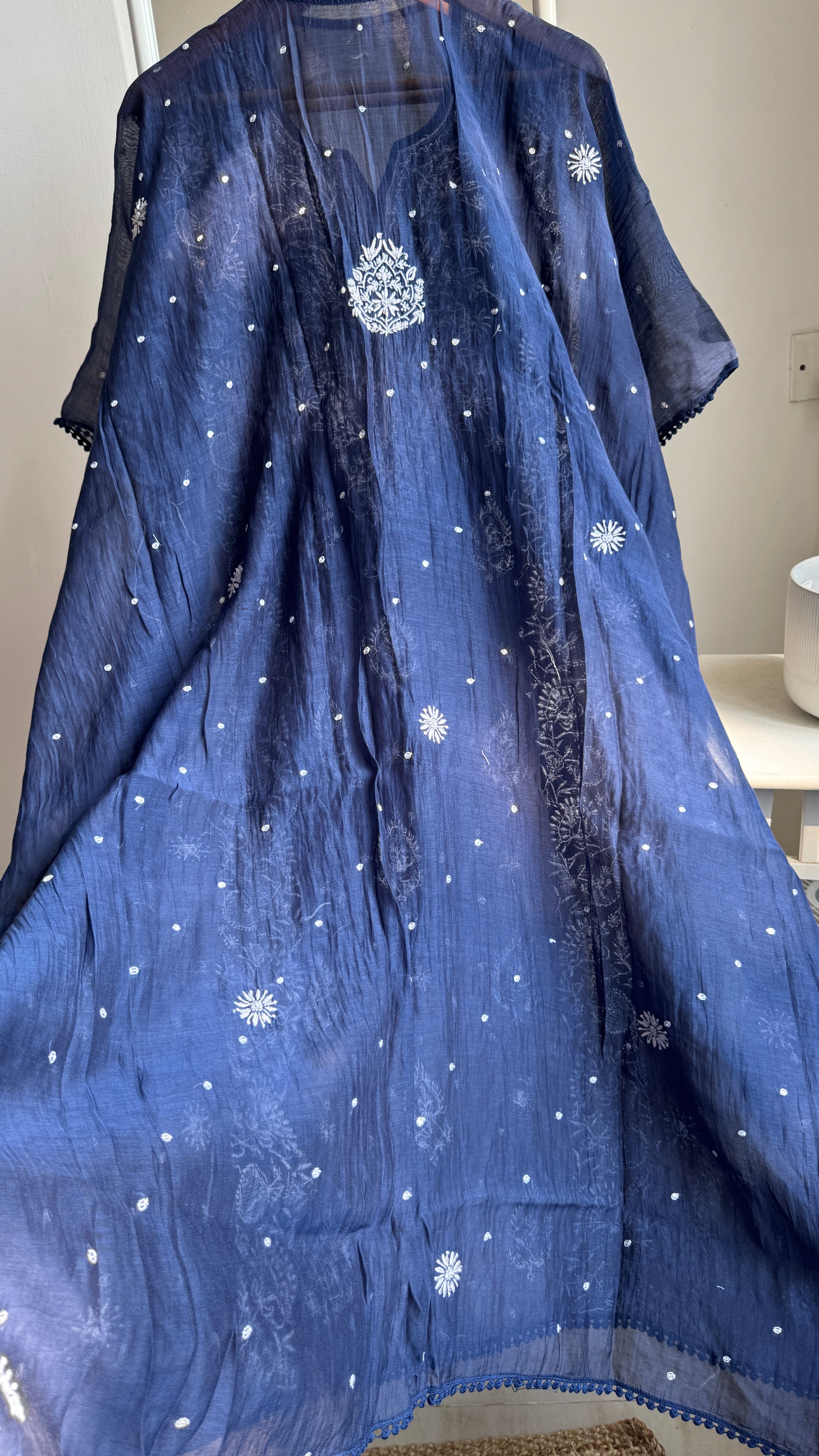 Mul Chanderi Chikankari Kaftan - Navy Blue