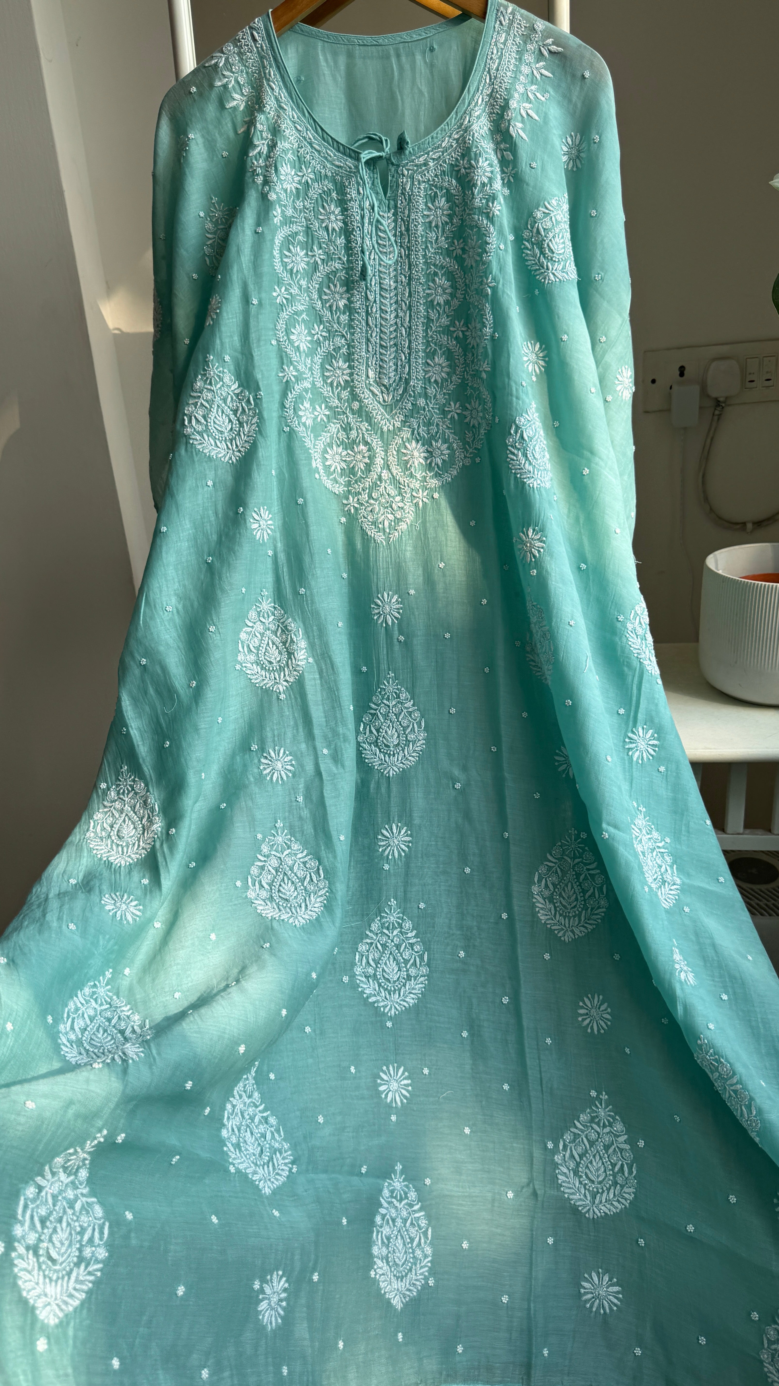 Mul Chanderi Chikankari Kaftan - Green