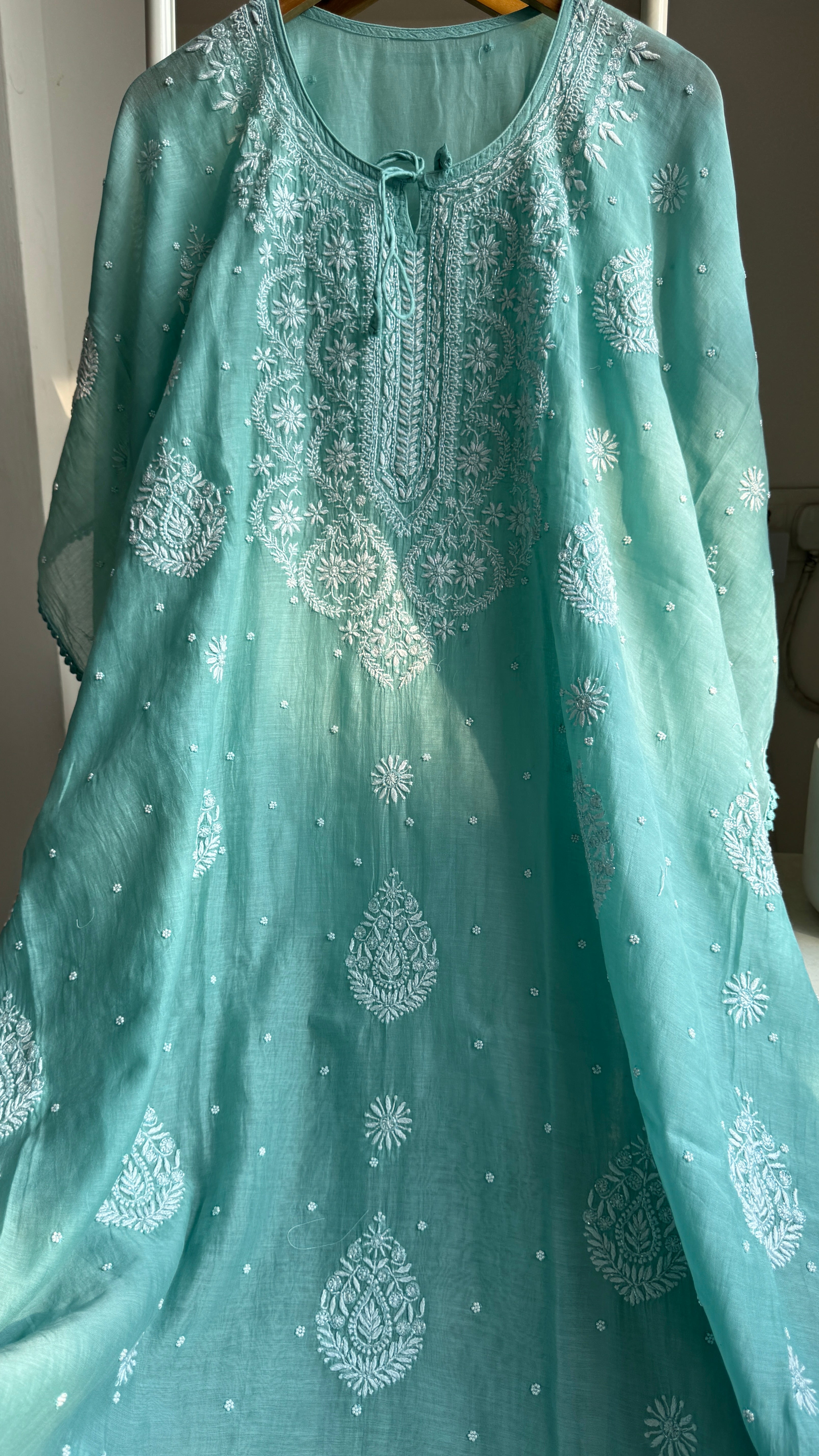 Mul Chanderi Chikankari Kaftan - Green