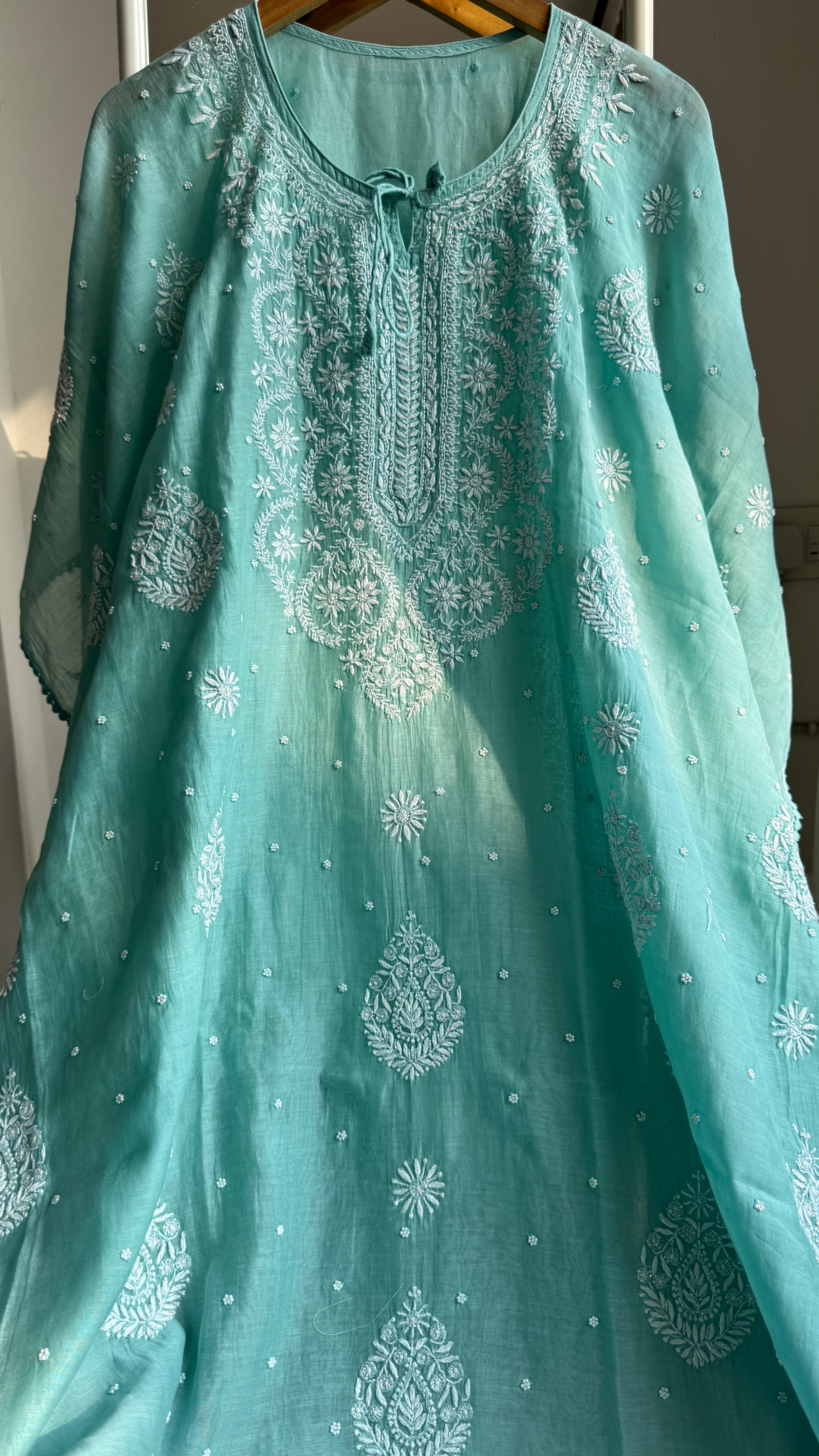 Mul Chanderi Chikankari Kaftan - Green