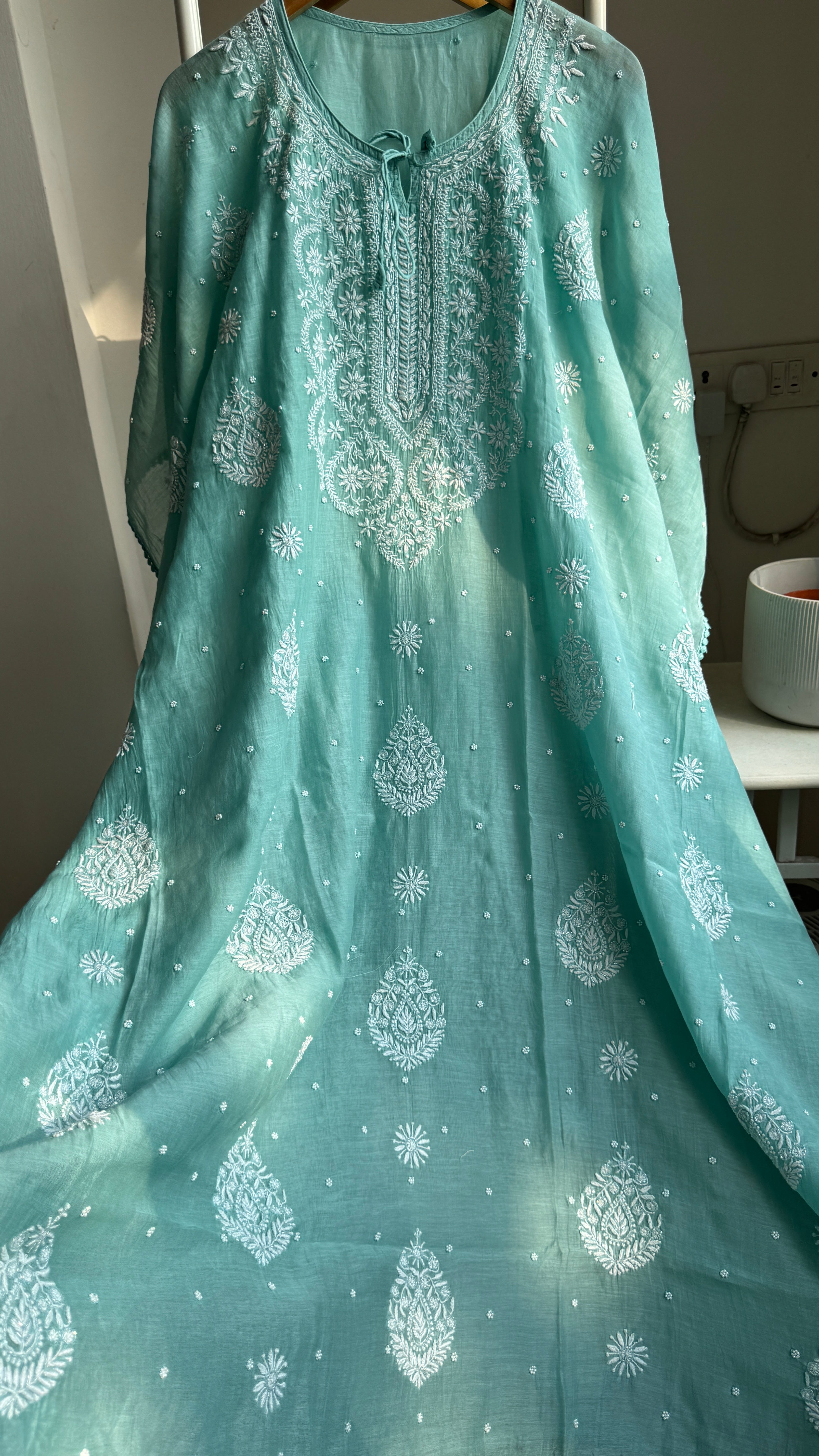 Mul Chanderi Chikankari Kaftan - Green