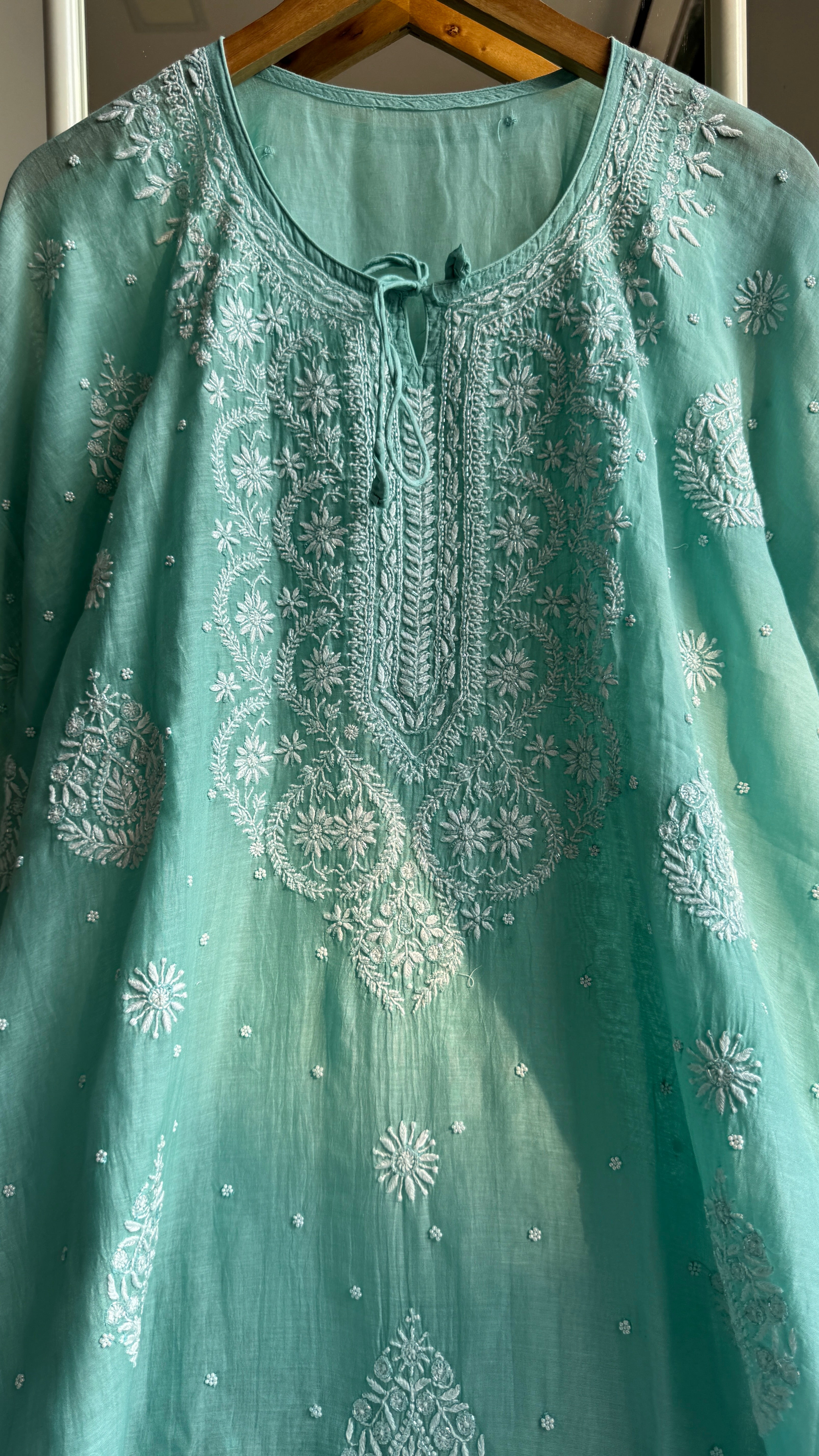 Mul Chanderi Chikankari Kaftan - Green