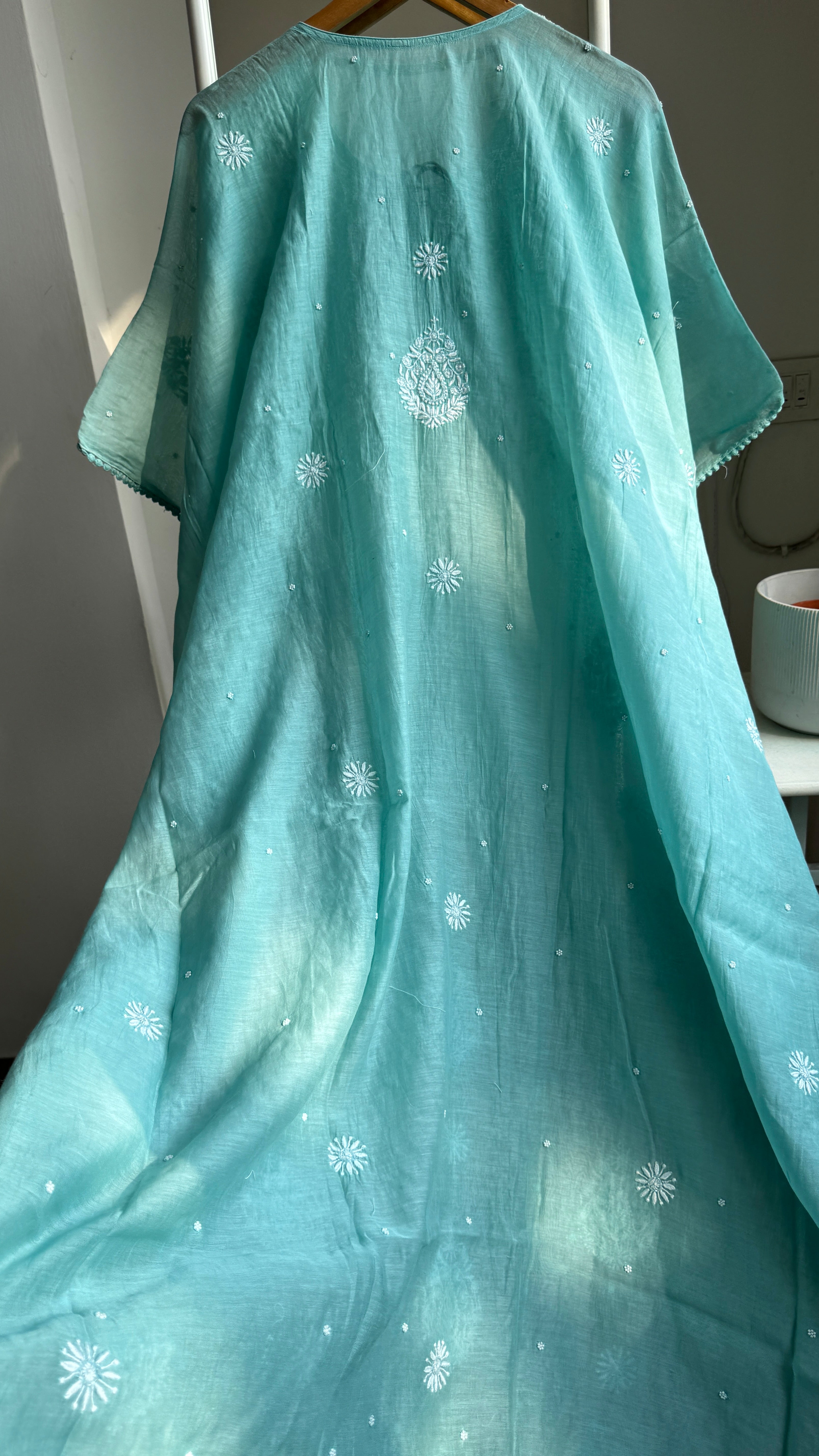 Mul Chanderi Chikankari Kaftan - Green