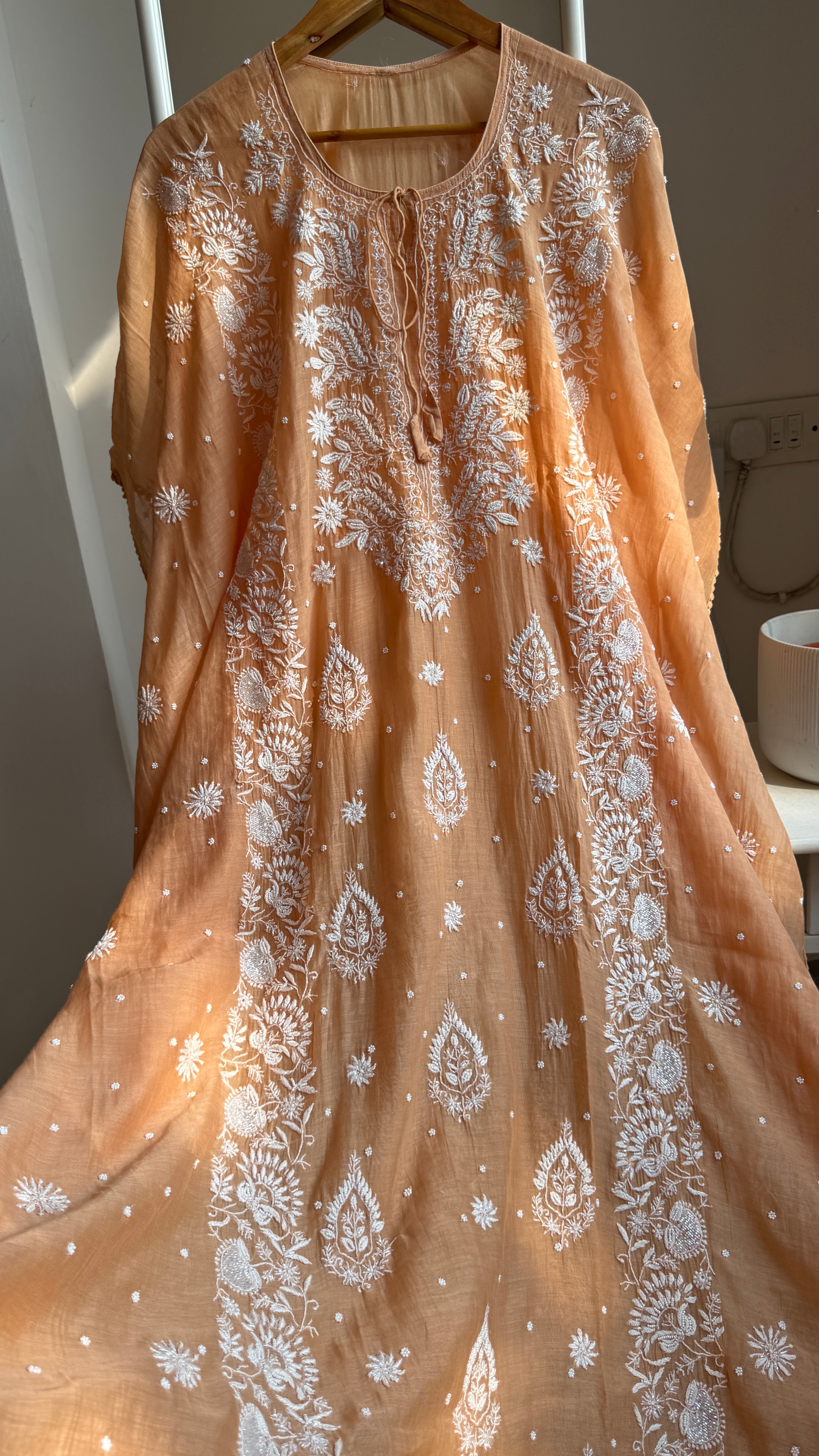 Mul Chanderi Chikankari Kaftan - Sunset Orange