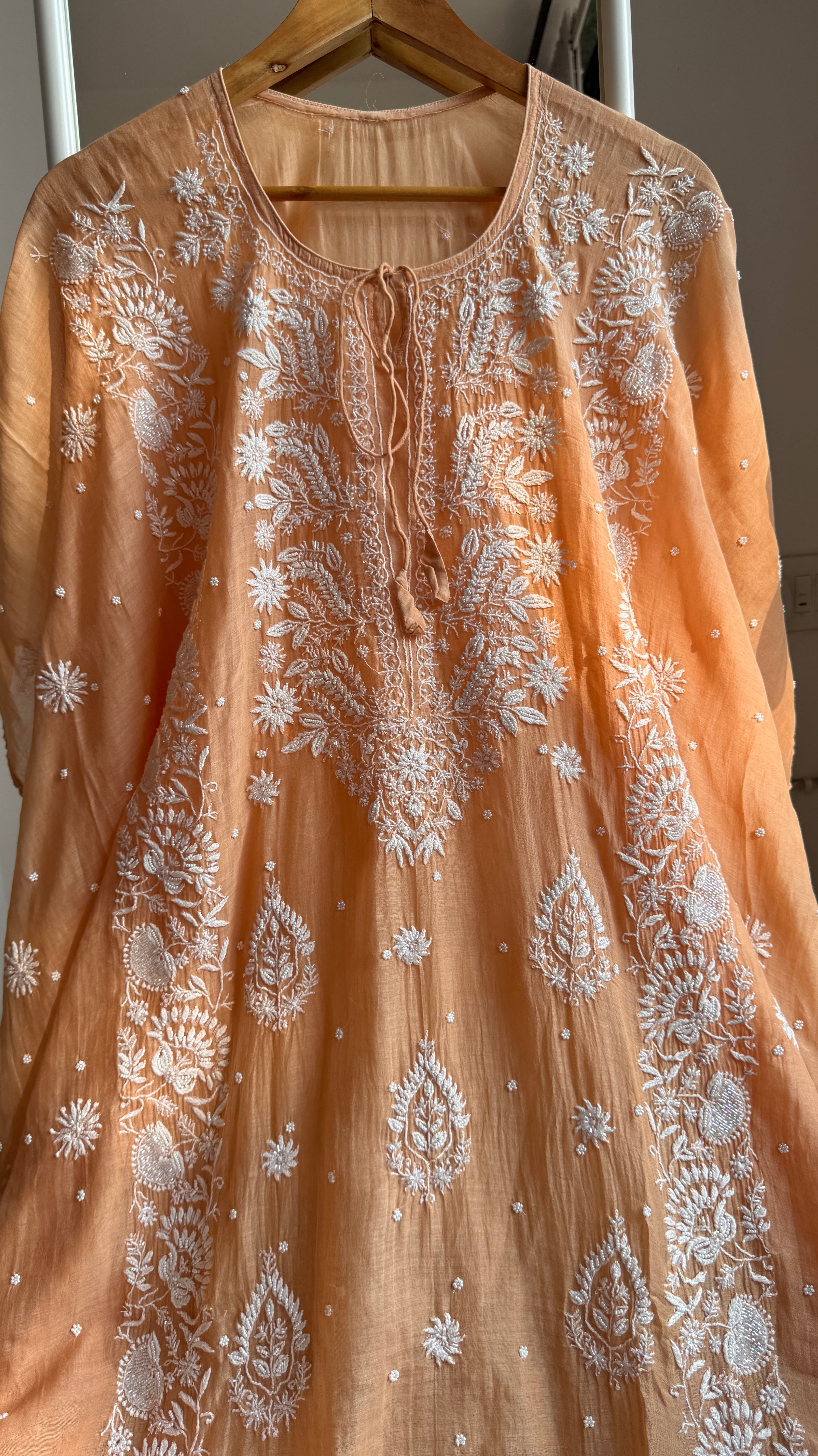 Mul Chanderi Chikankari Kaftan - Sunset Orange