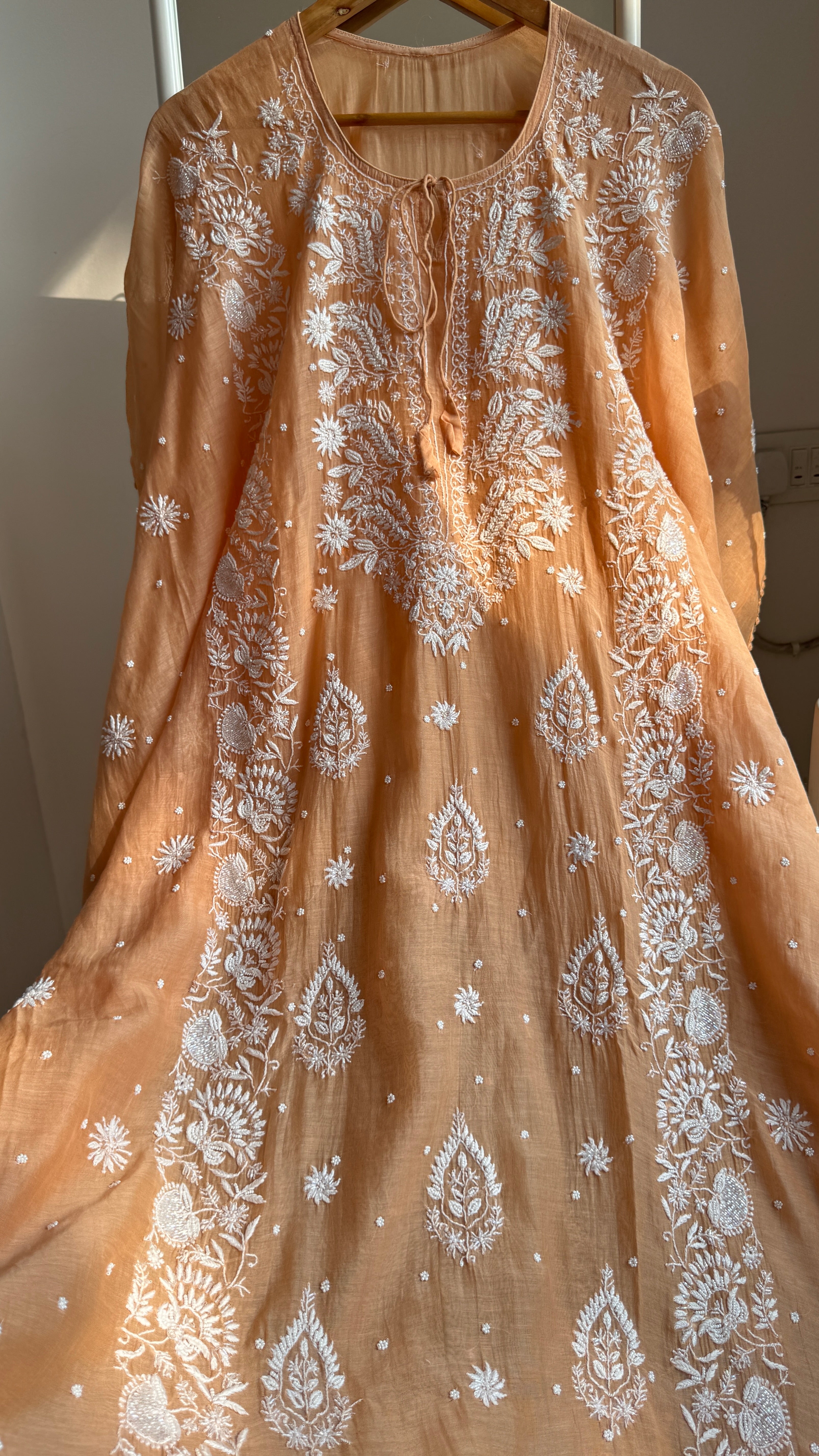 Mul Chanderi Chikankari Kaftan - Sunset Orange