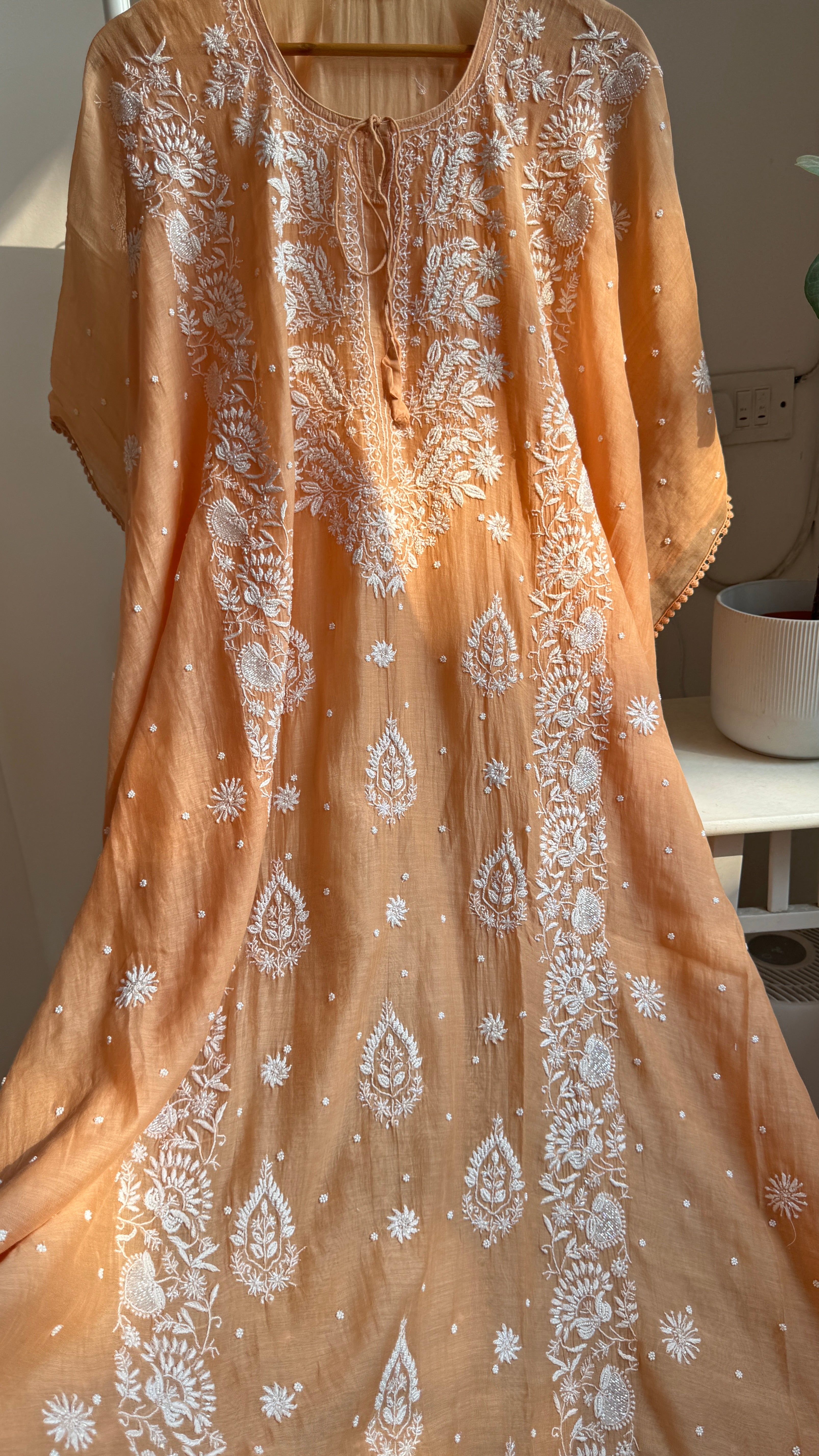 Mul Chanderi Chikankari Kaftan - Sunset Orange