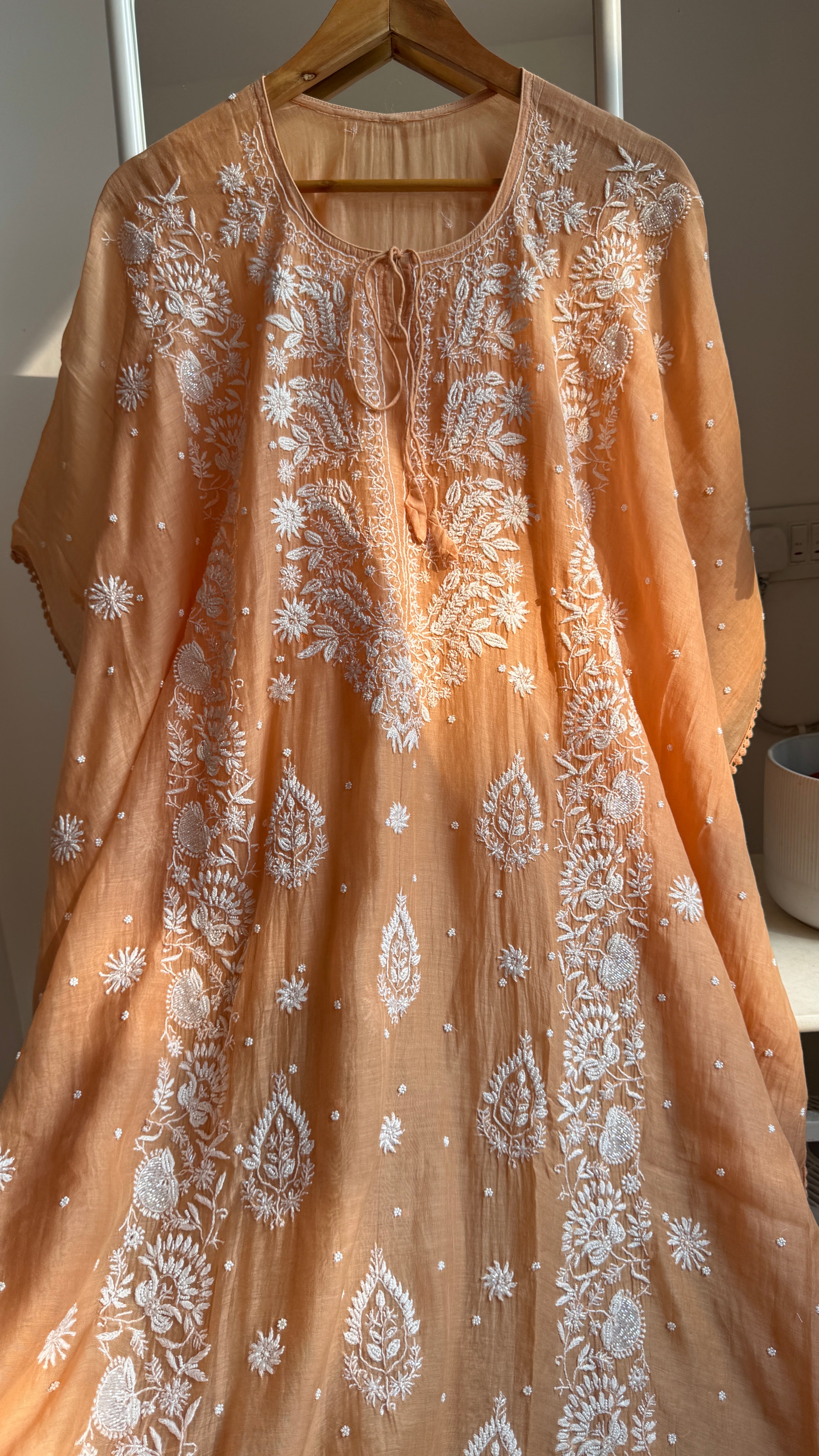 Mul Chanderi Chikankari Kaftan - Sunset Orange