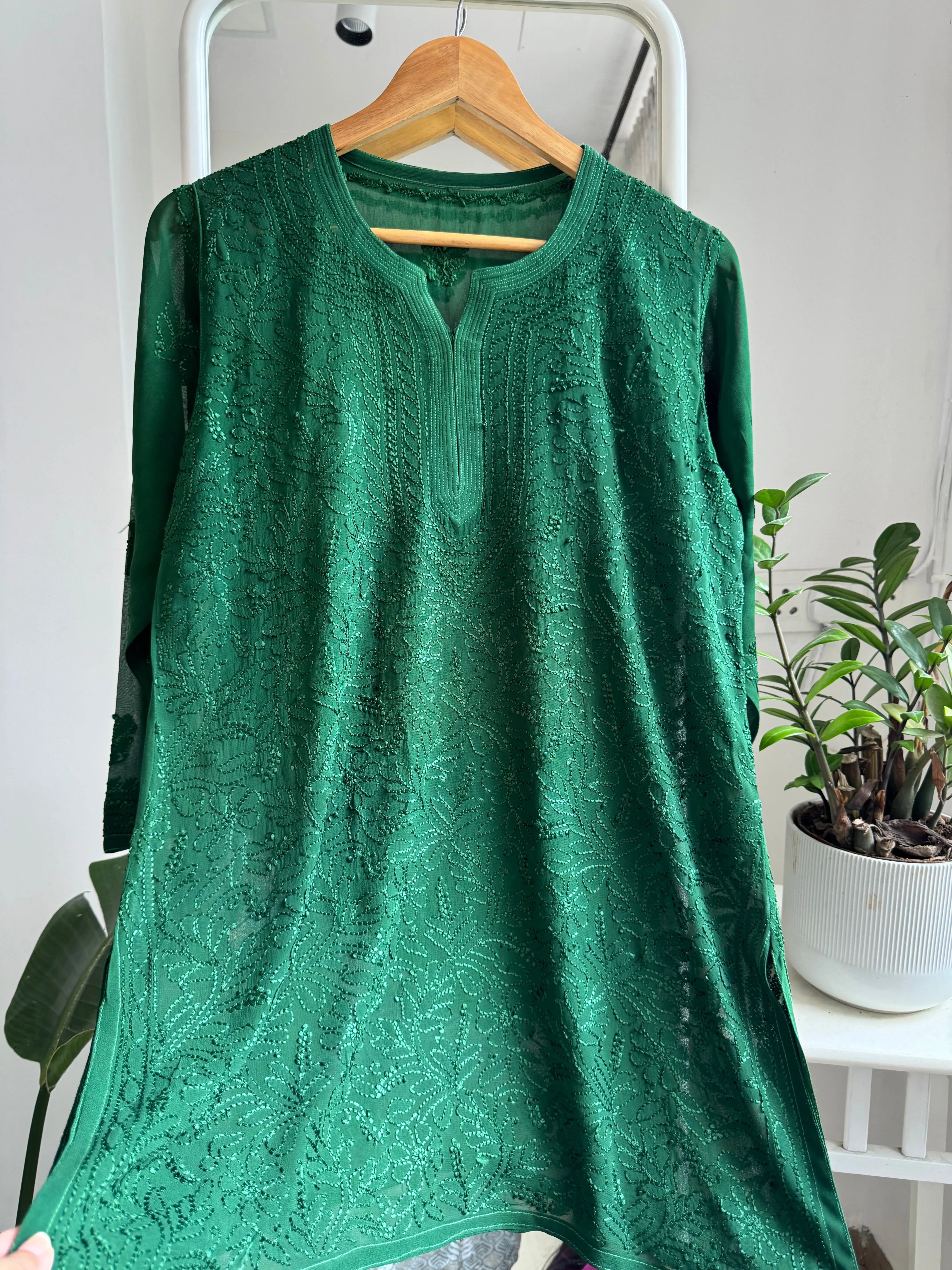 Chikankari Viscose Georgette short Top in Green ARIAA CHIKANKARI