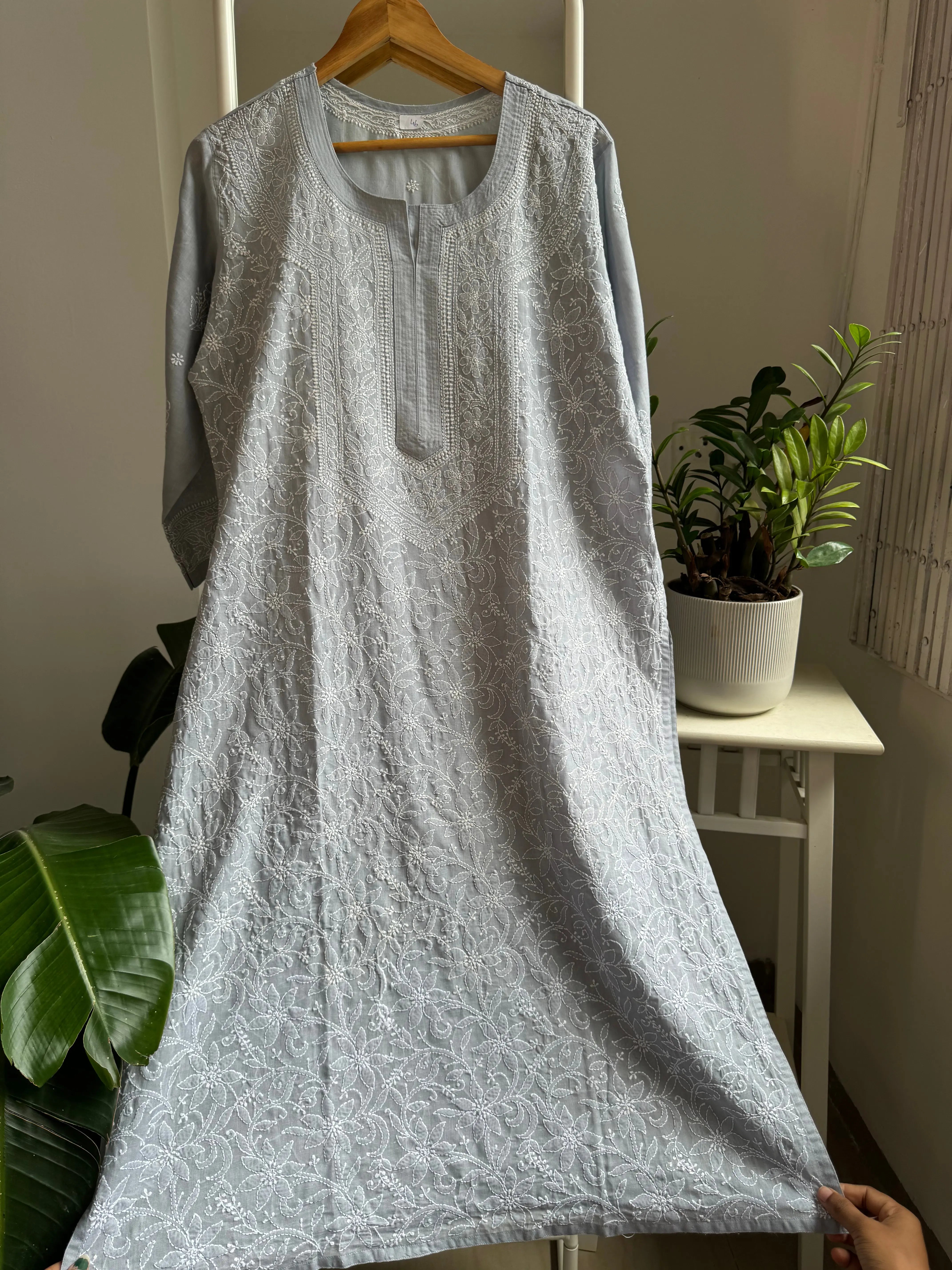 Cotton Chikankari Kurti - Grey -white thread work ARIAA CHIKANKARI
