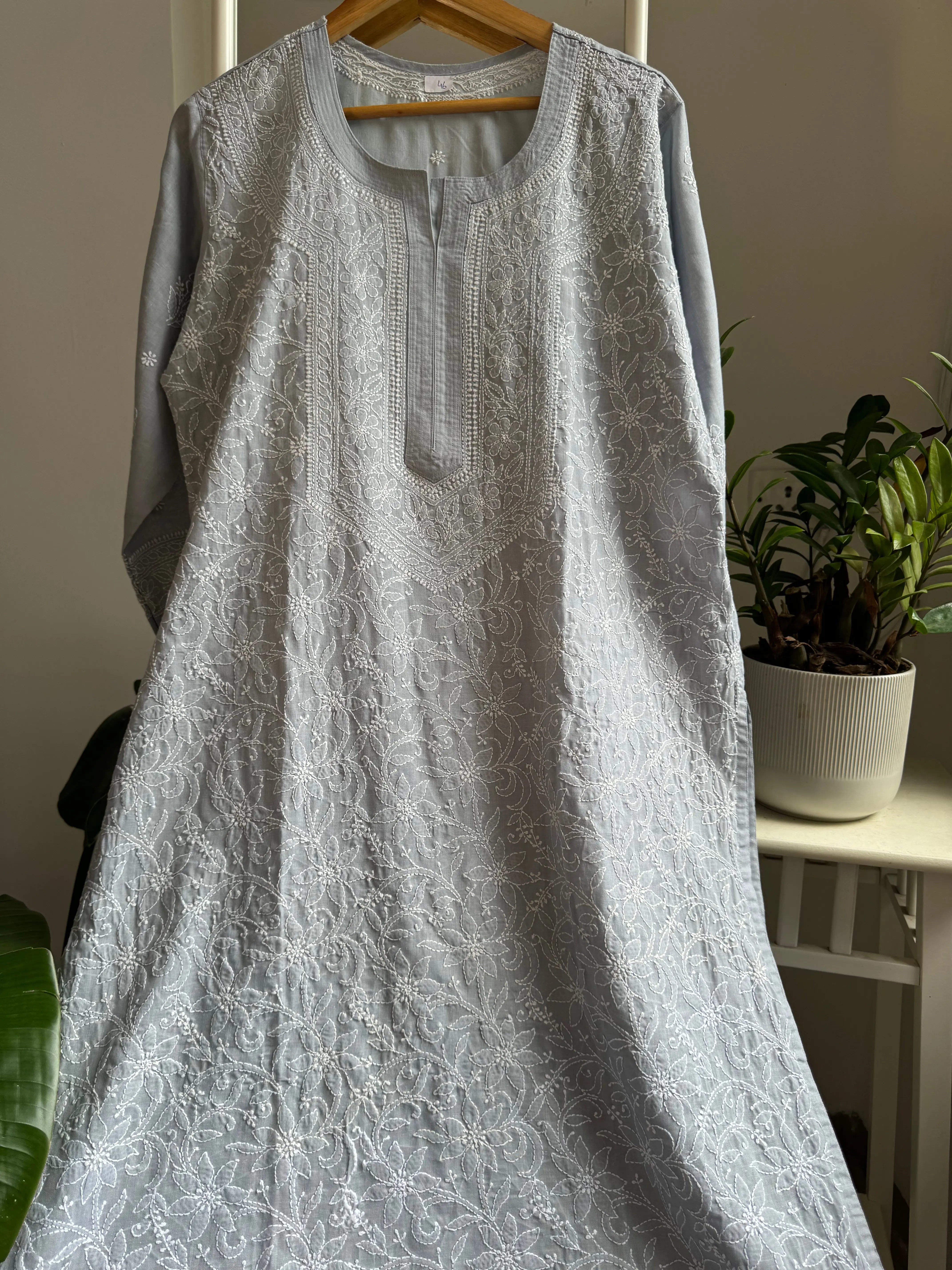 Cotton Chikankari Kurti - Grey -white thread work ARIAA CHIKANKARI
