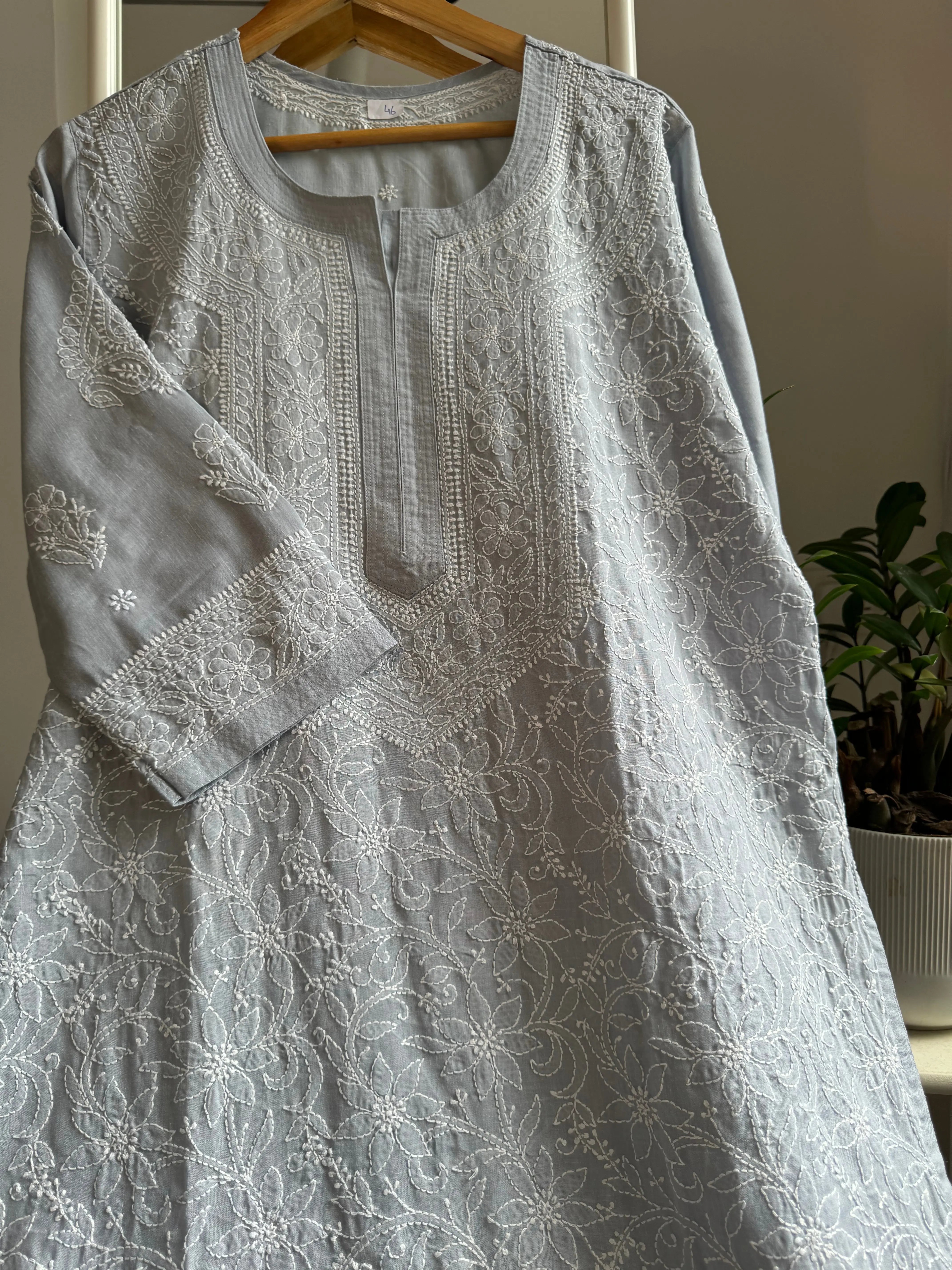 Cotton Chikankari Kurti - Grey -white thread work ARIAA CHIKANKARI