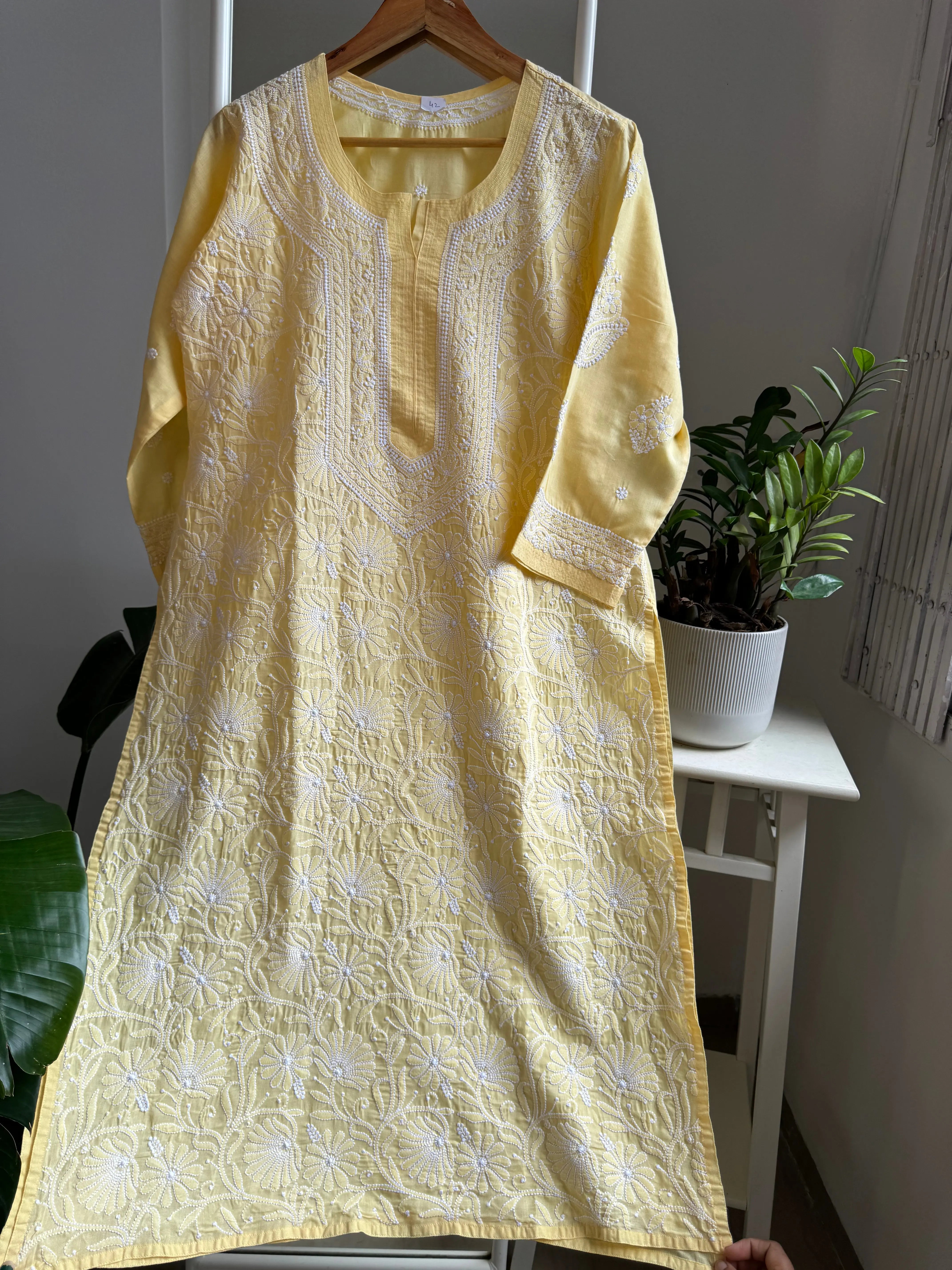 Cotton Chikankari Kurti - Yellow -white thread work ARIAA CHIKANKARI
