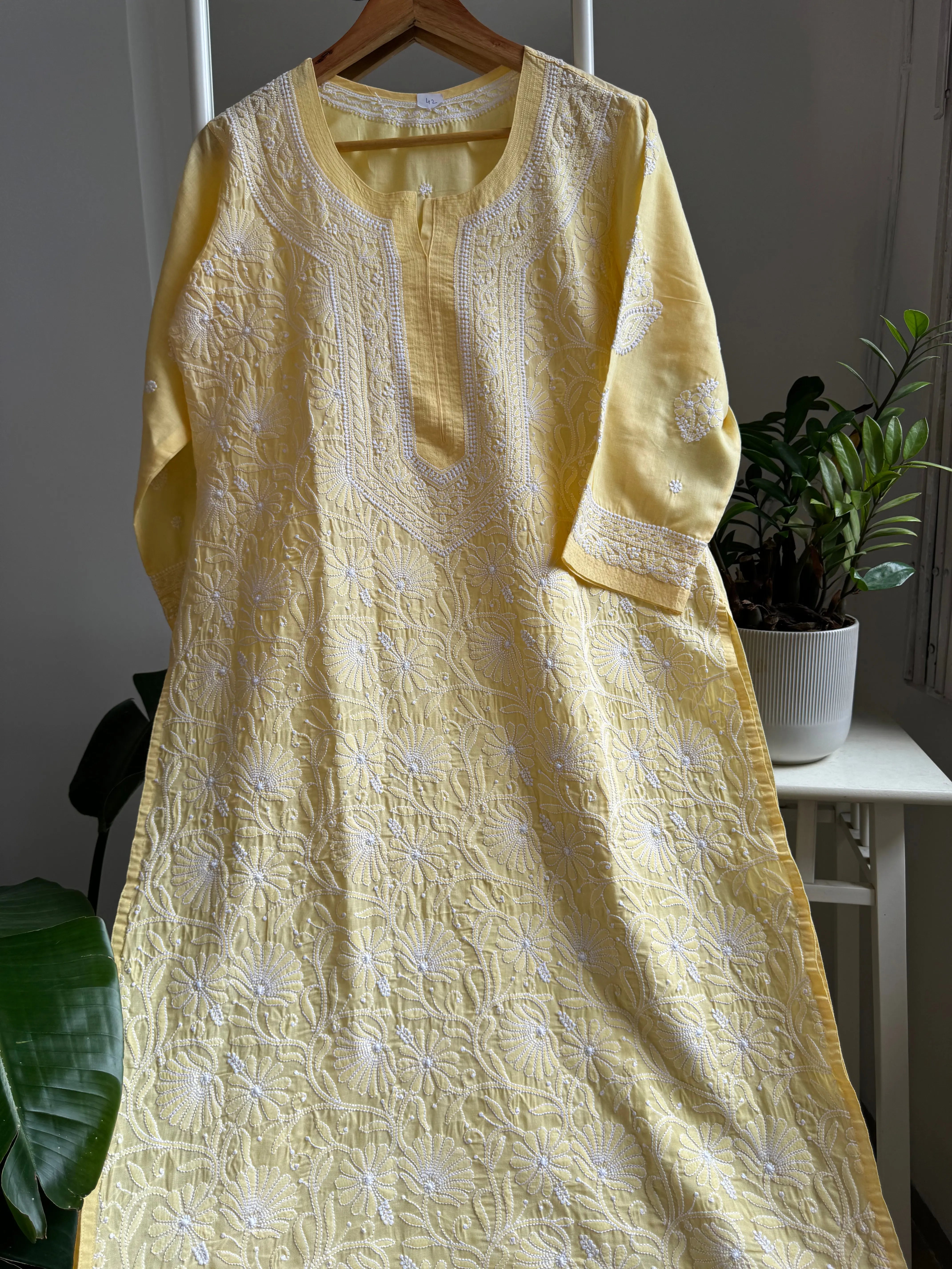 Cotton Chikankari Kurti - Yellow -white thread work ARIAA CHIKANKARI