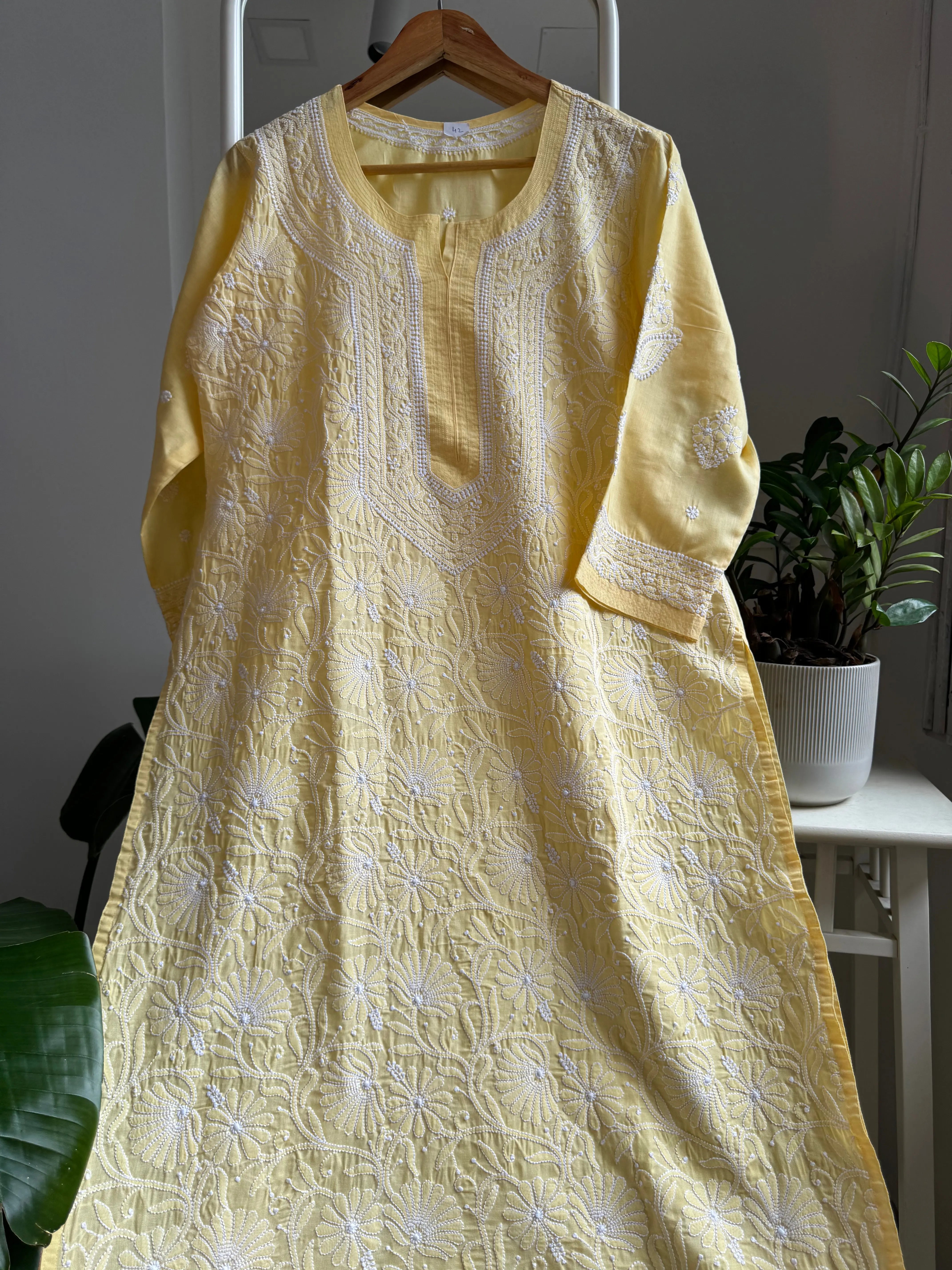 Cotton Chikankari Kurti - Yellow -white thread work ARIAA CHIKANKARI