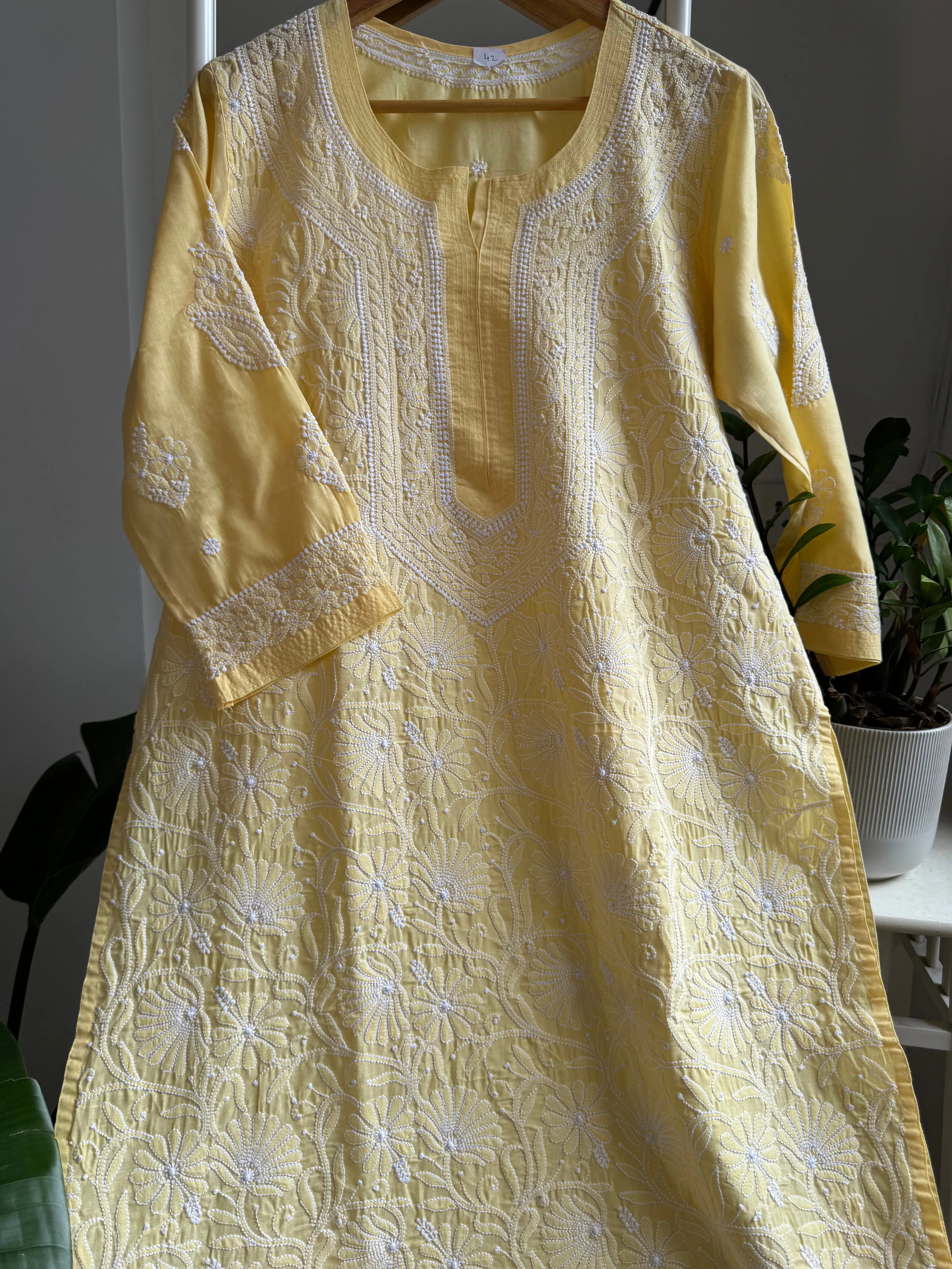 Cotton Chikankari Kurti - Yellow -white thread work ARIAA CHIKANKARI