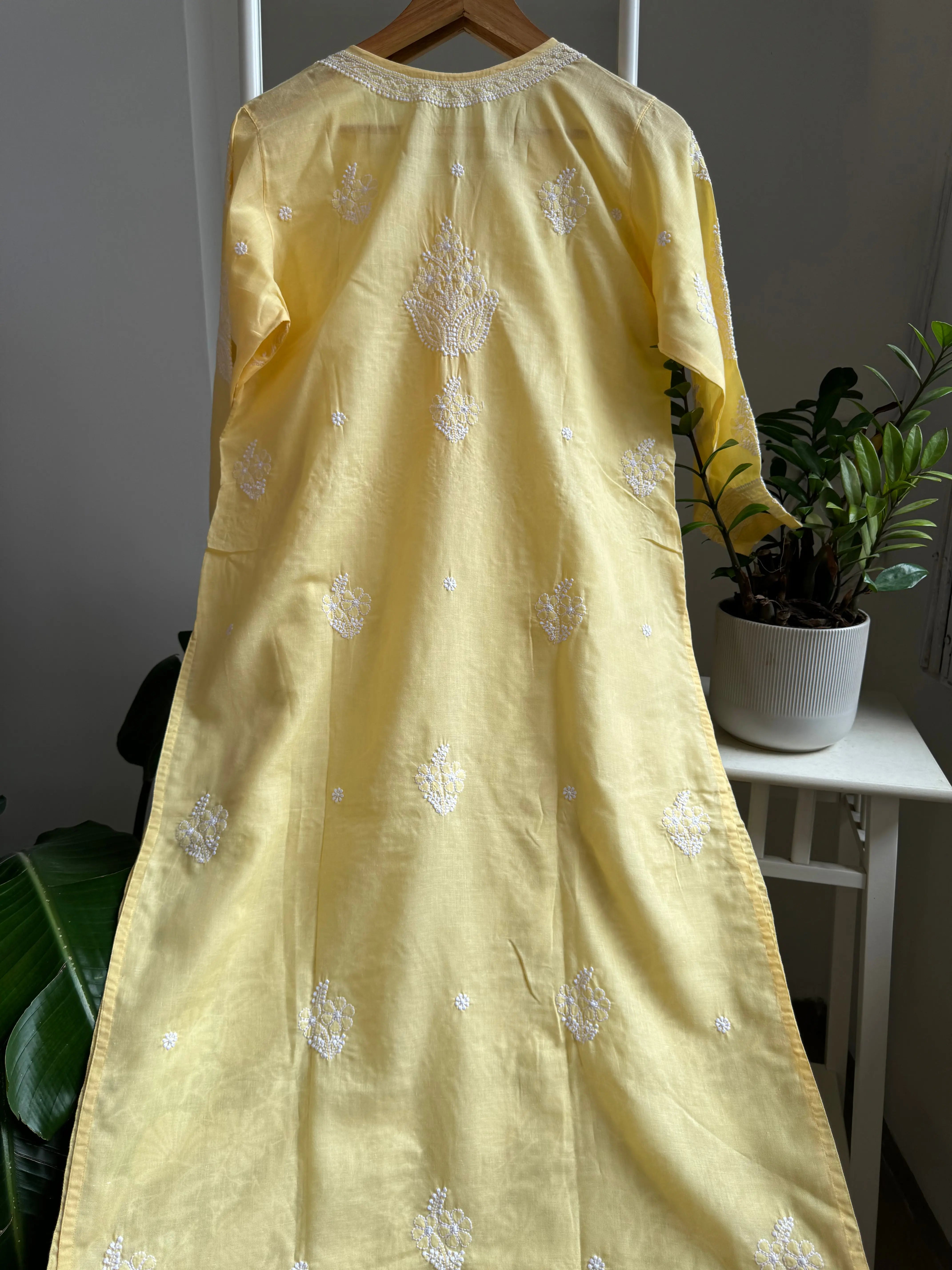 Cotton Chikankari Kurti - Yellow -white thread work ARIAA CHIKANKARI