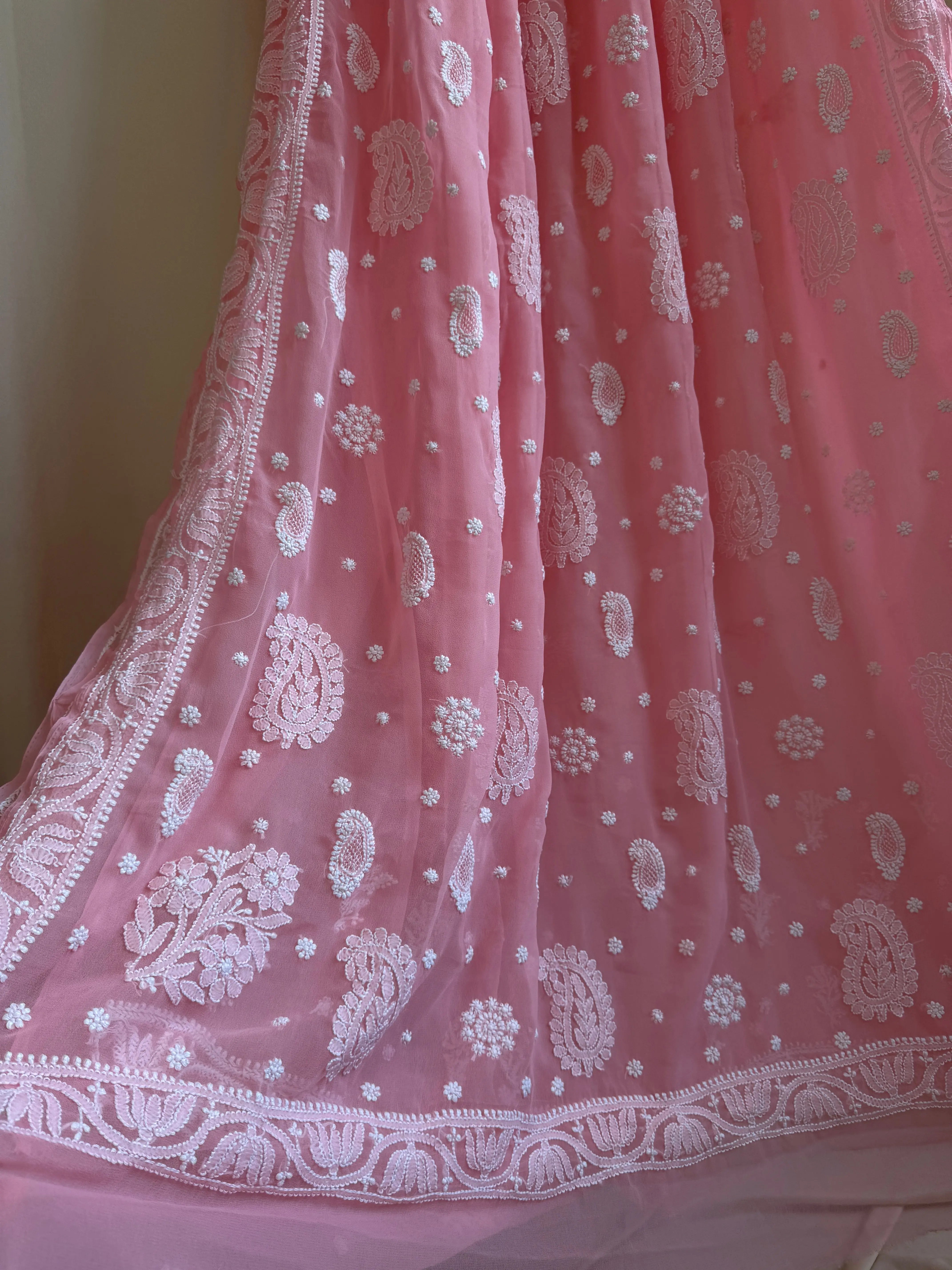Georgette Chikankari saree in Peach ARIAA CHIKANKARI