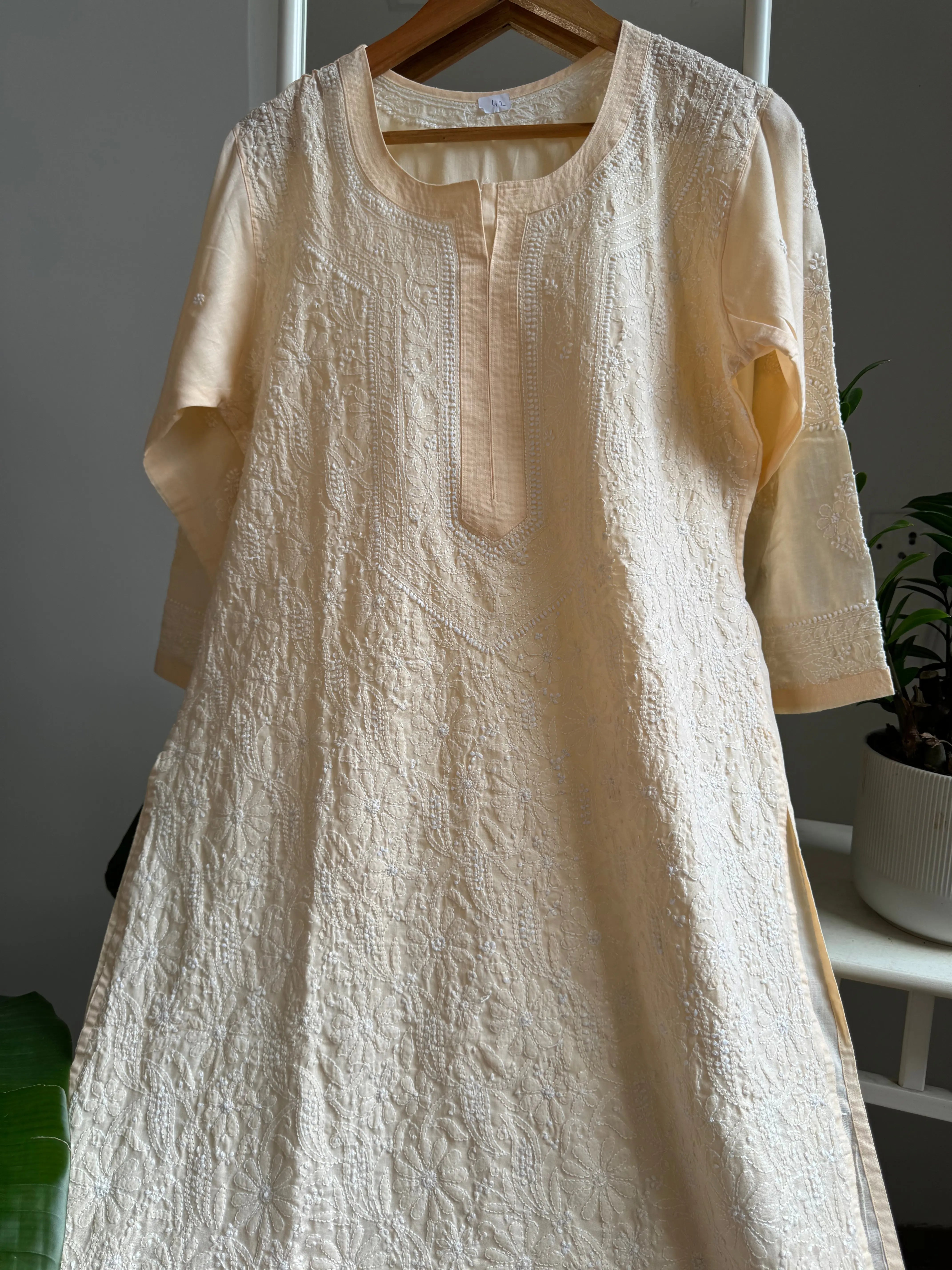Cotton Chikankari Kurti - Peach -white thread work ARIAA CHIKANKARI