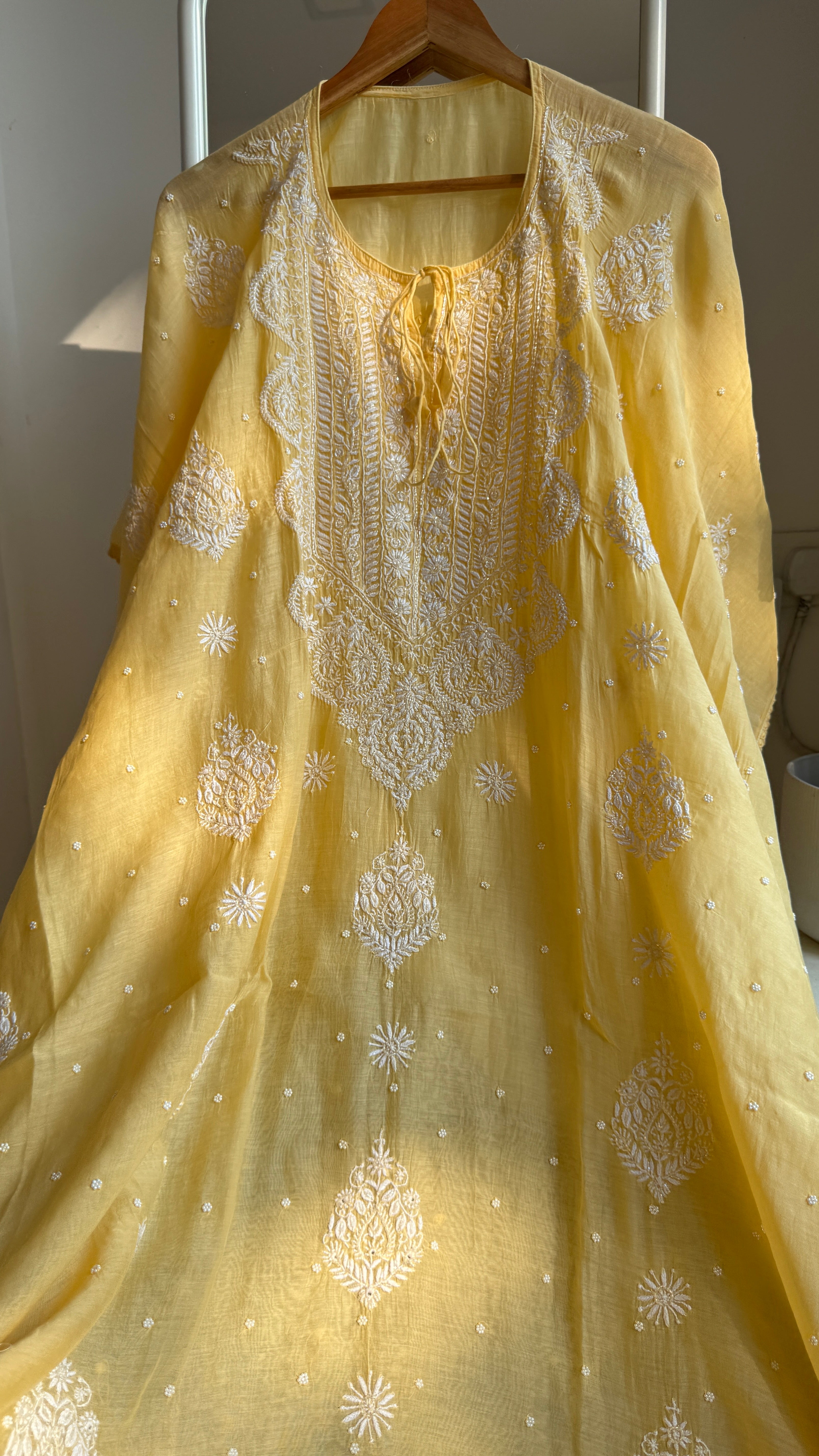 Mul Chanderi Chikankari Kaftan - Yellow