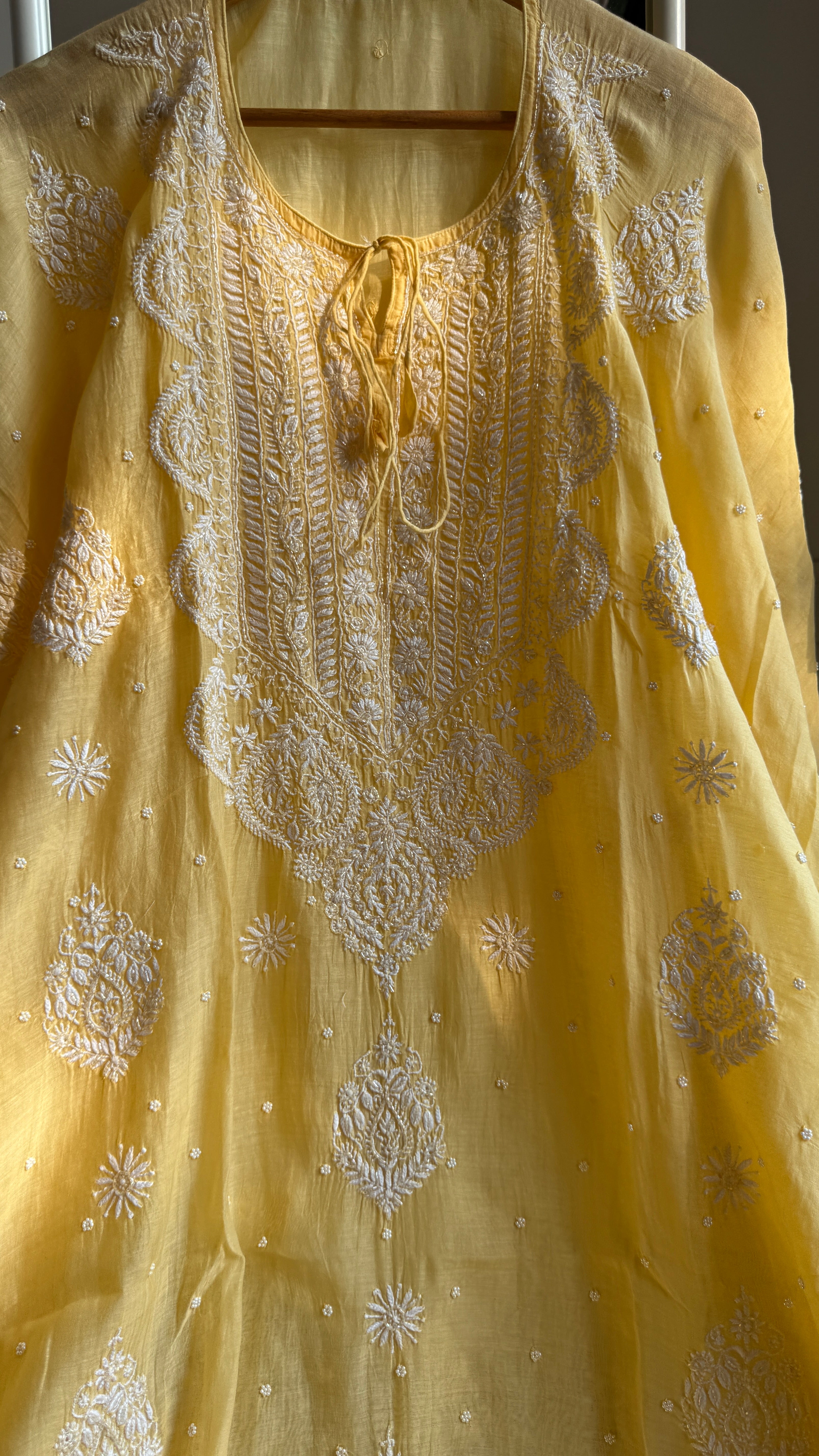 Mul Chanderi Chikankari Kaftan - Yellow