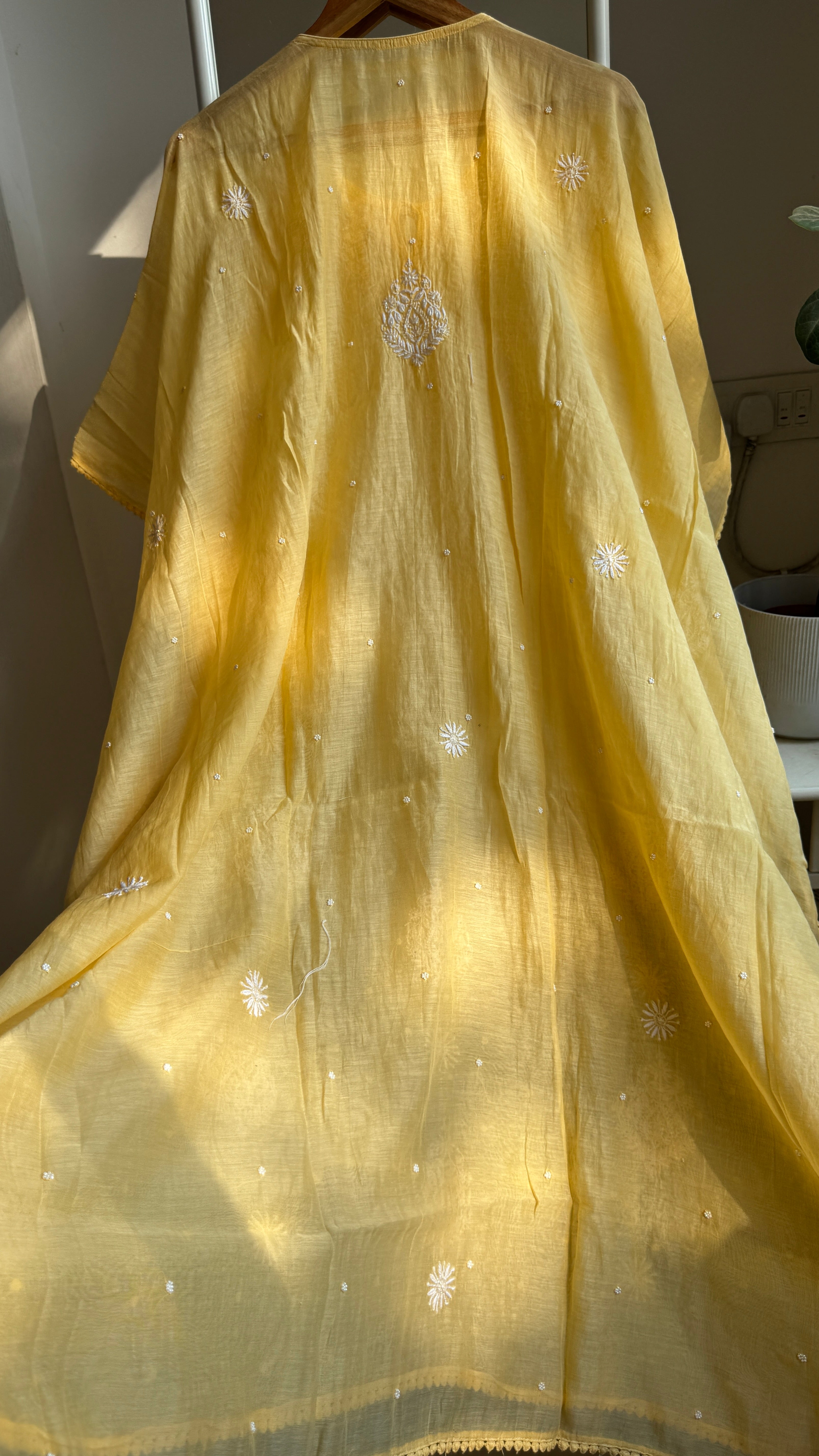 Mul Chanderi Chikankari Kaftan - Yellow
