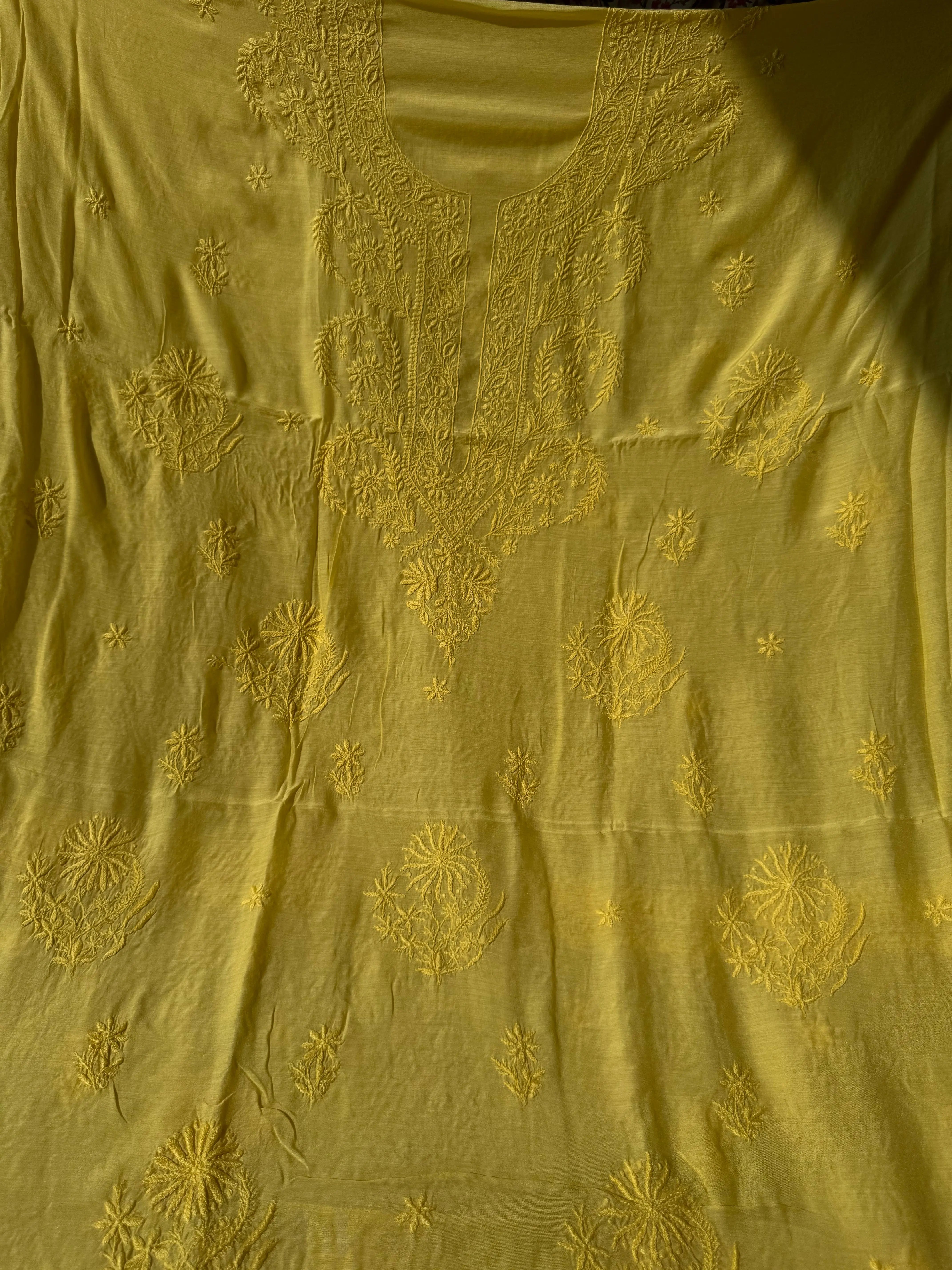 Pure Muslin kurti Length unstitched - Yellow ARIAA CHIKANKARI