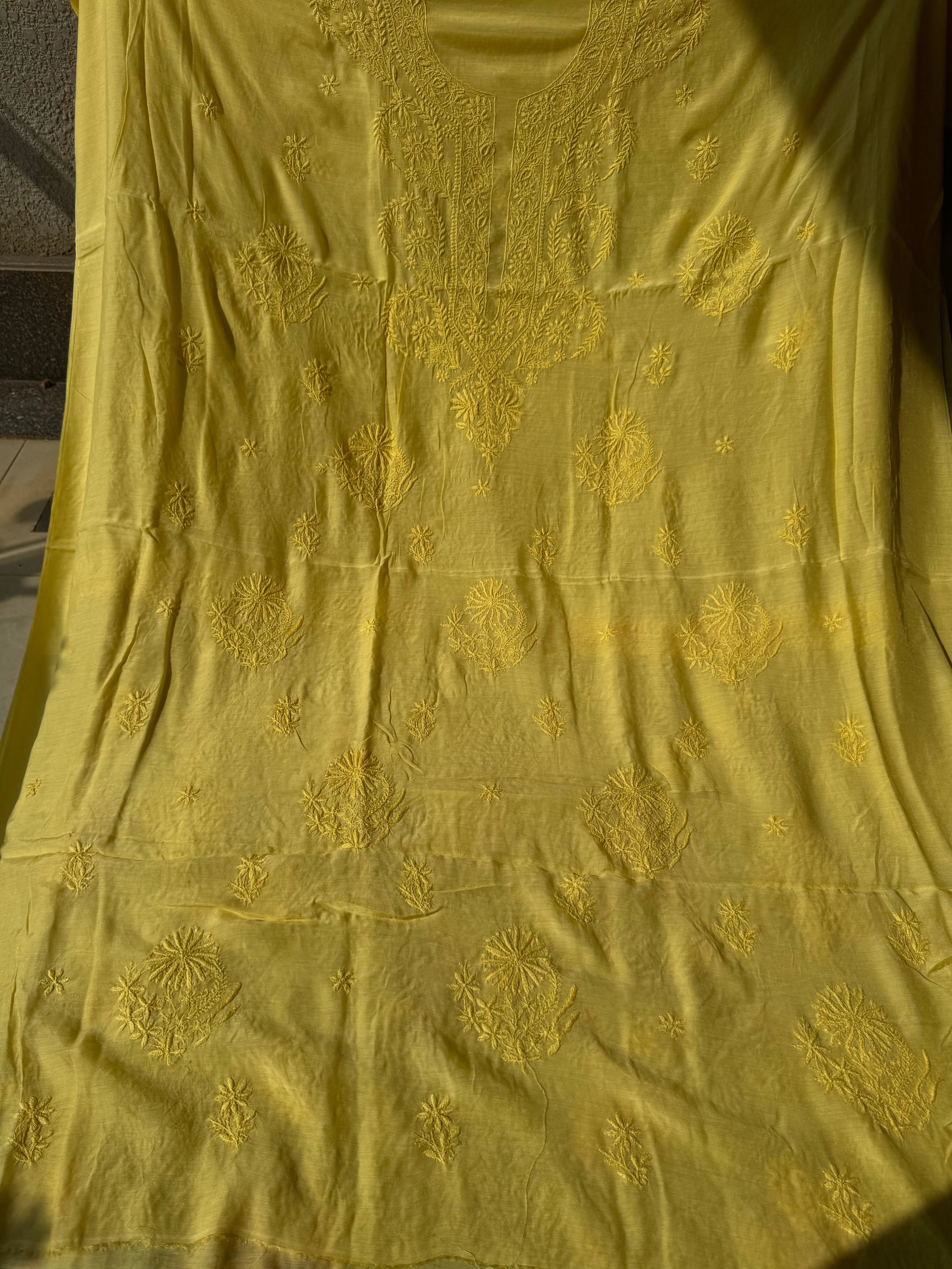 Pure Muslin kurti Length unstitched - Yellow ARIAA CHIKANKARI