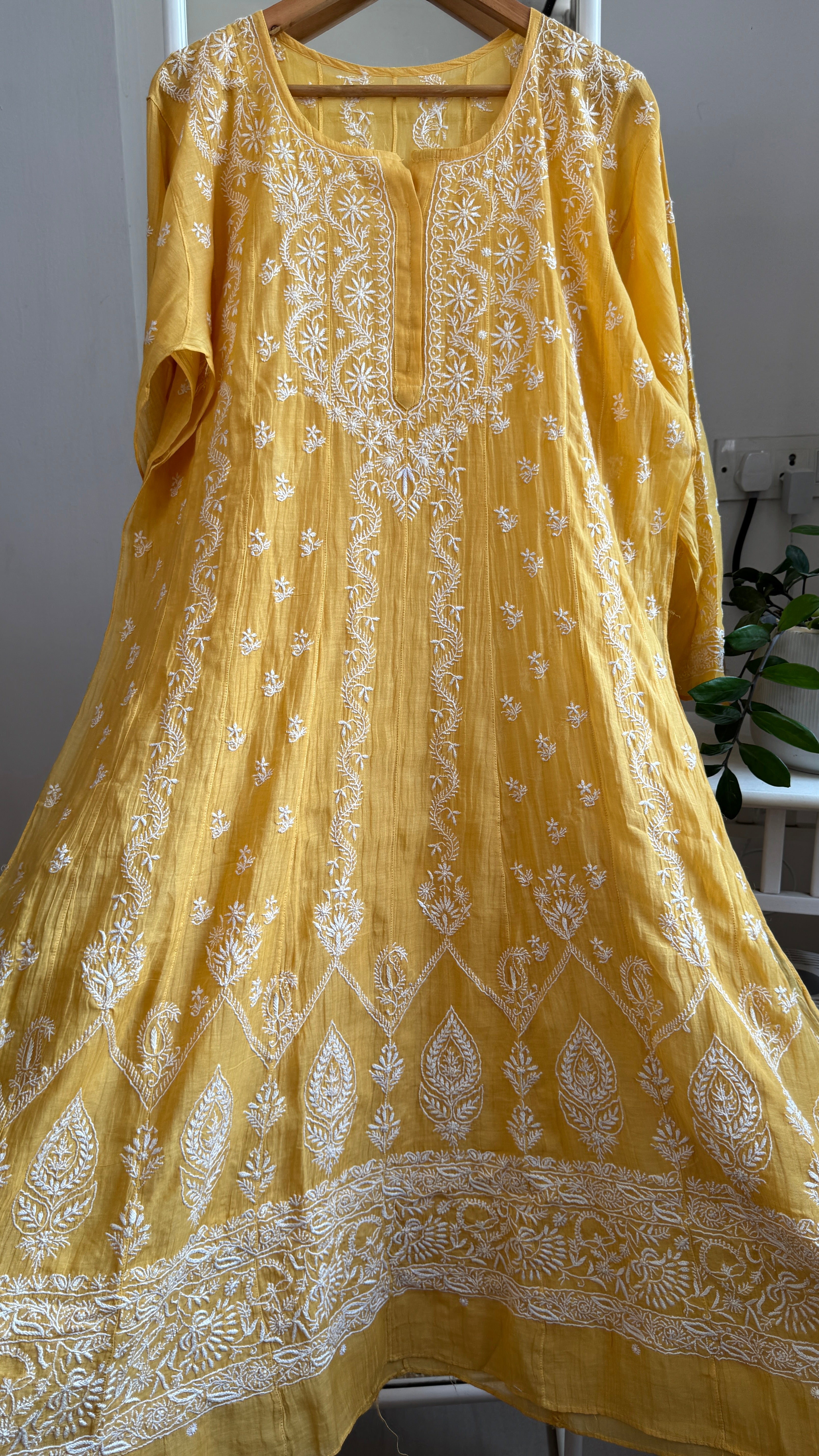 Mul Chanderi Semi-Stitched Anarkali - Yellow
