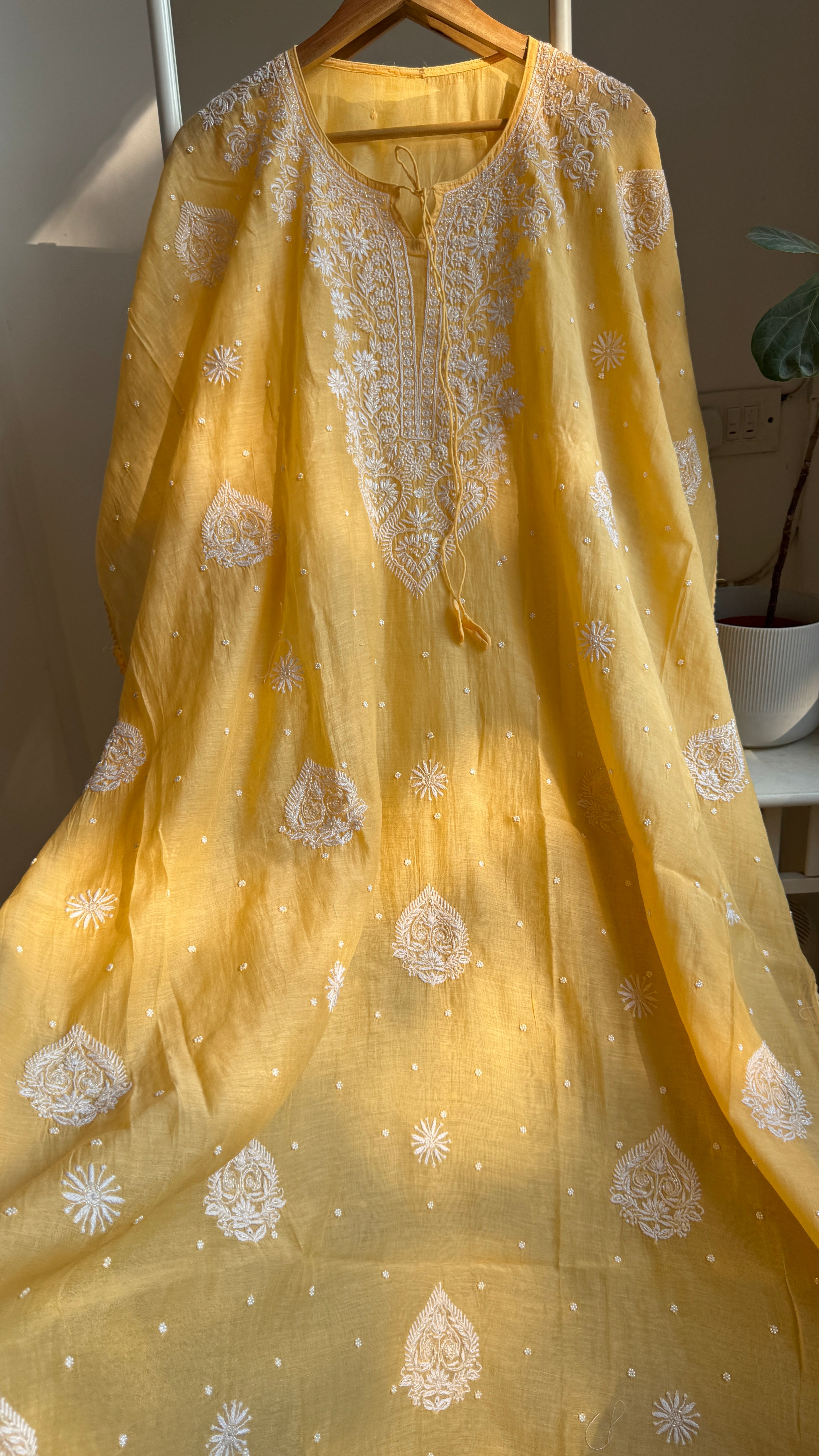 Mul Chanderi Chikankari Kaftan - Yellow