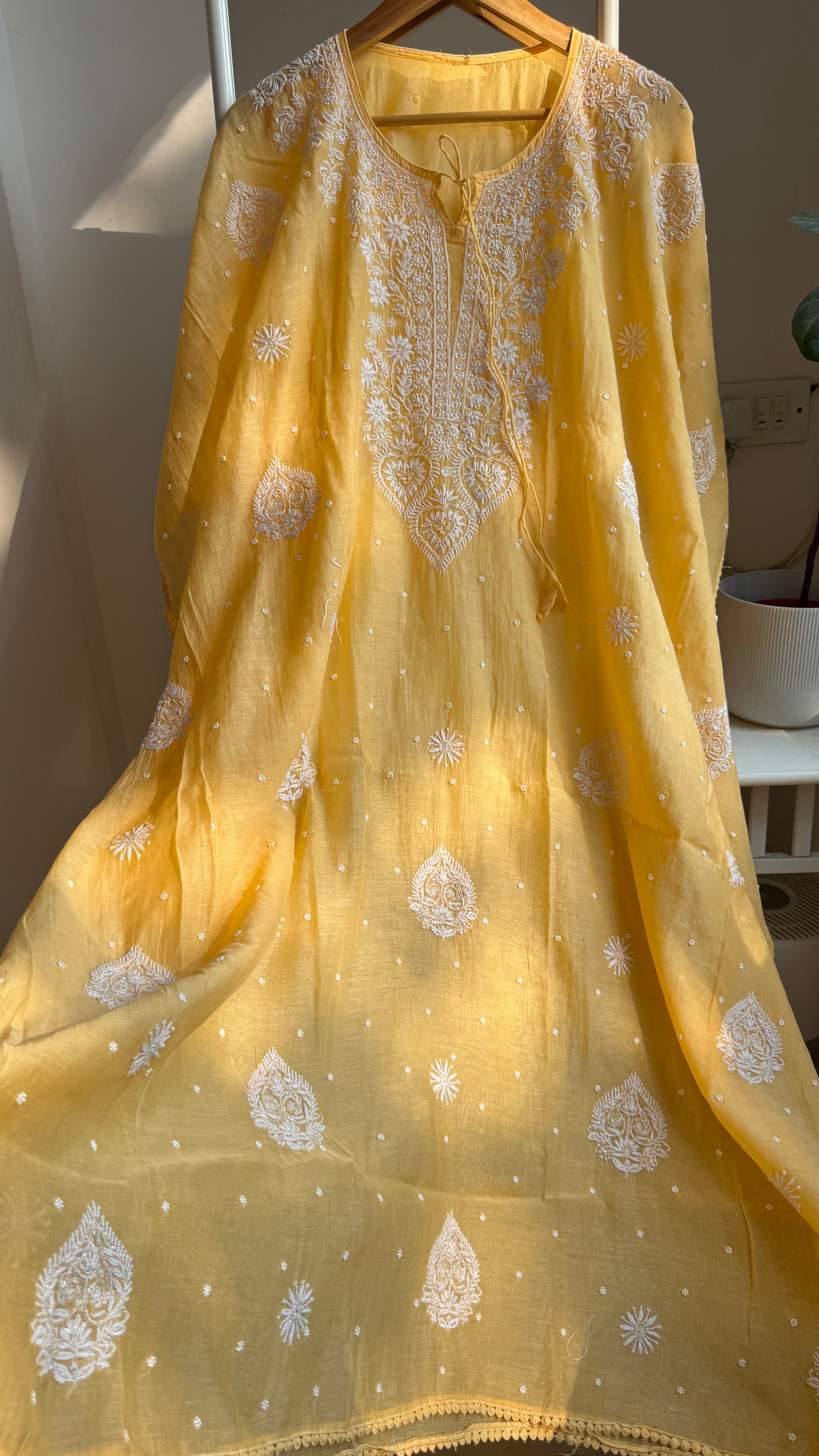 Mul Chanderi Chikankari Kaftan - Yellow