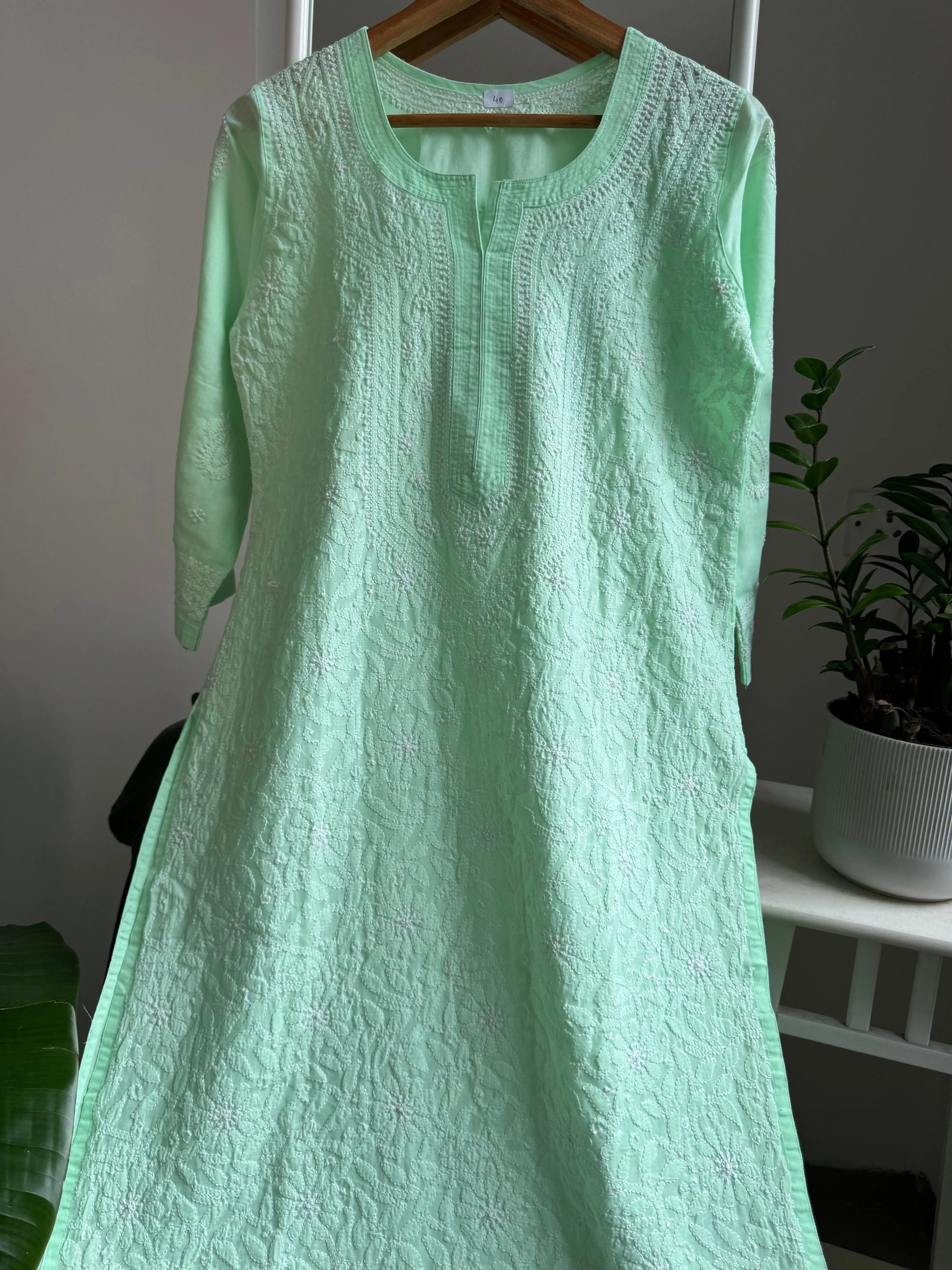 Cotton Chikankari Kurti - Green -white thread work ARIAA CHIKANKARI