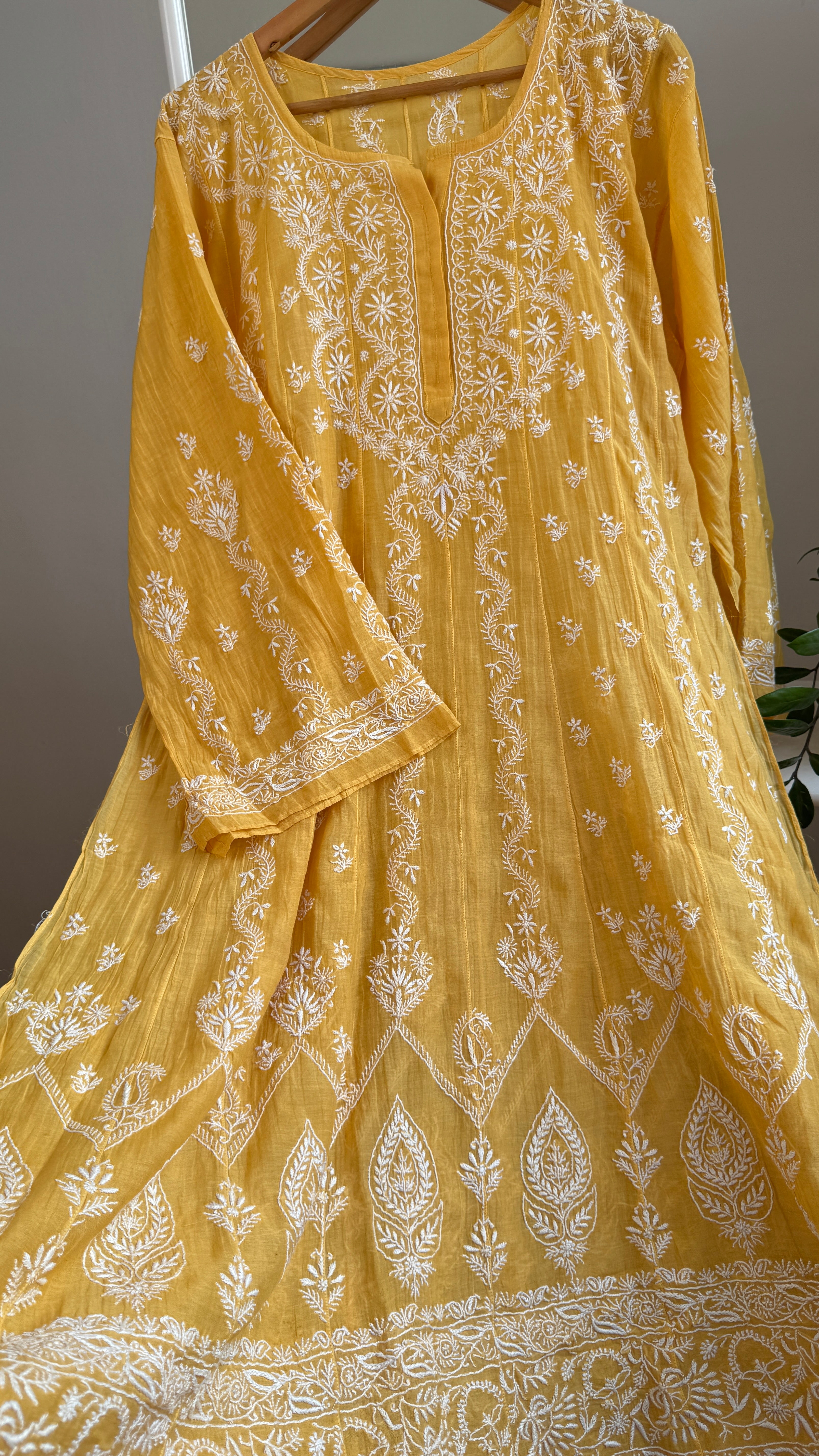 Mul Chanderi Semi-Stitched Anarkali - Yellow