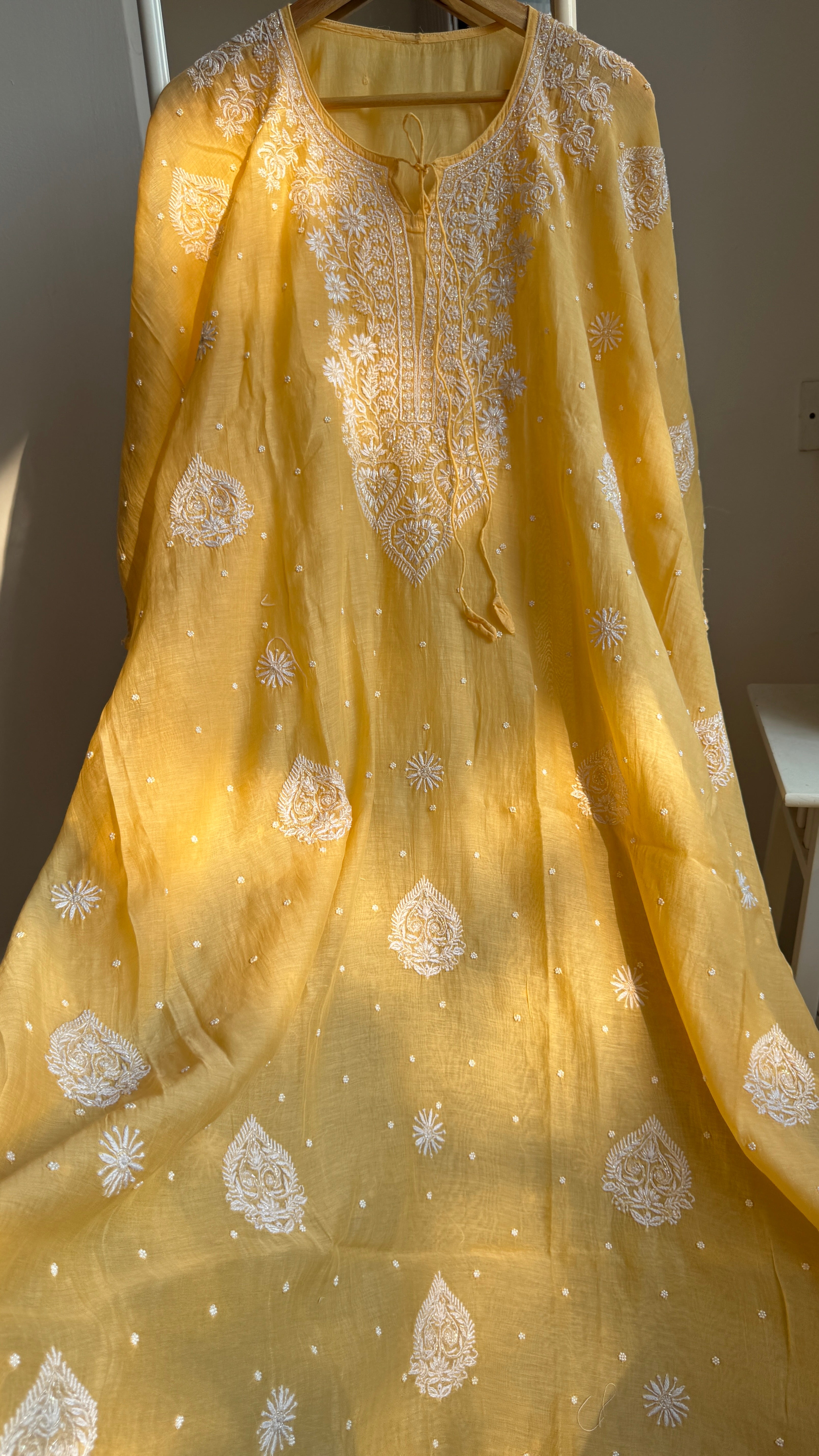 Mul Chanderi Chikankari Kaftan - Yellow