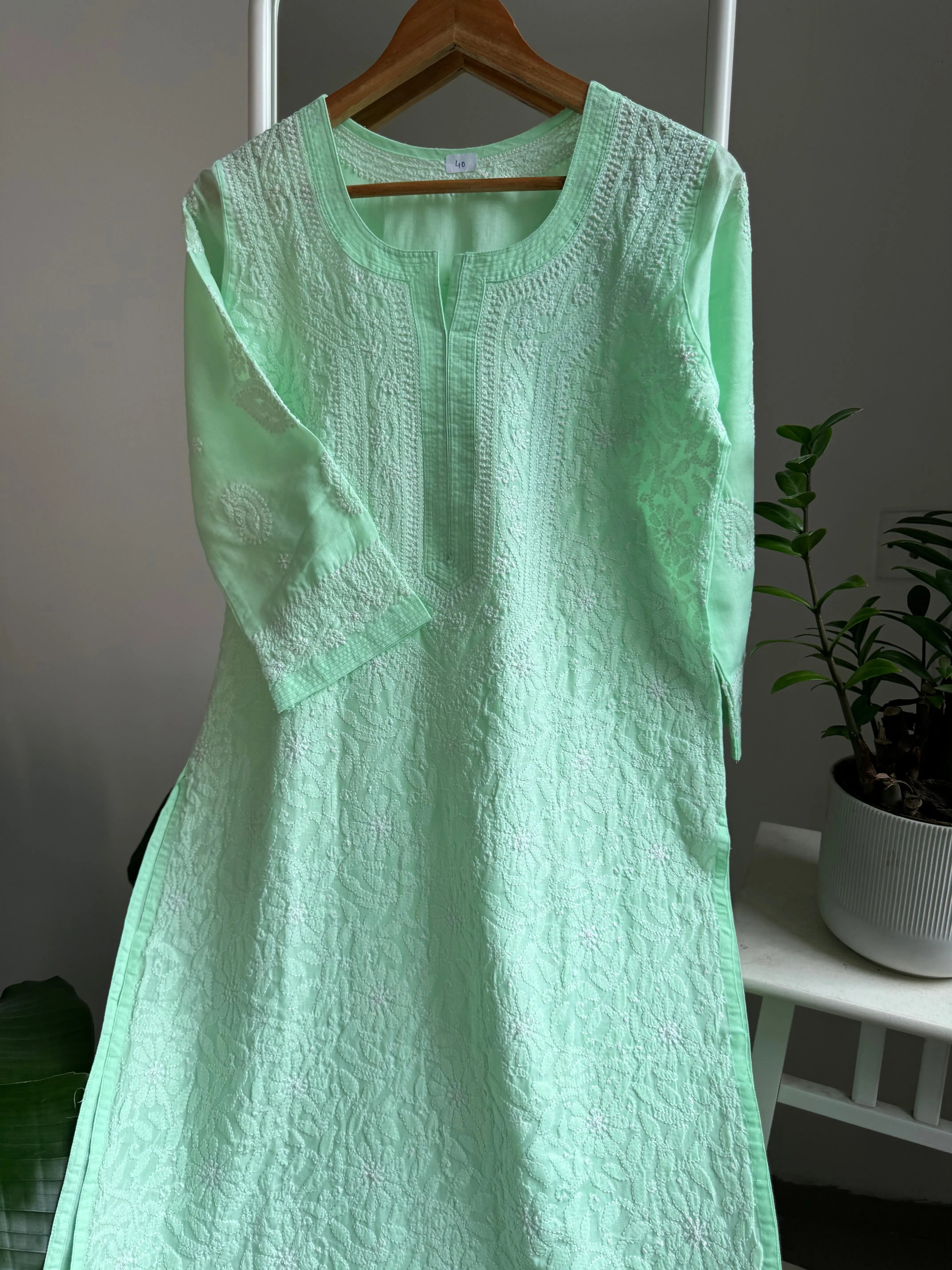 Cotton Chikankari Kurti - Green -white thread work ARIAA CHIKANKARI