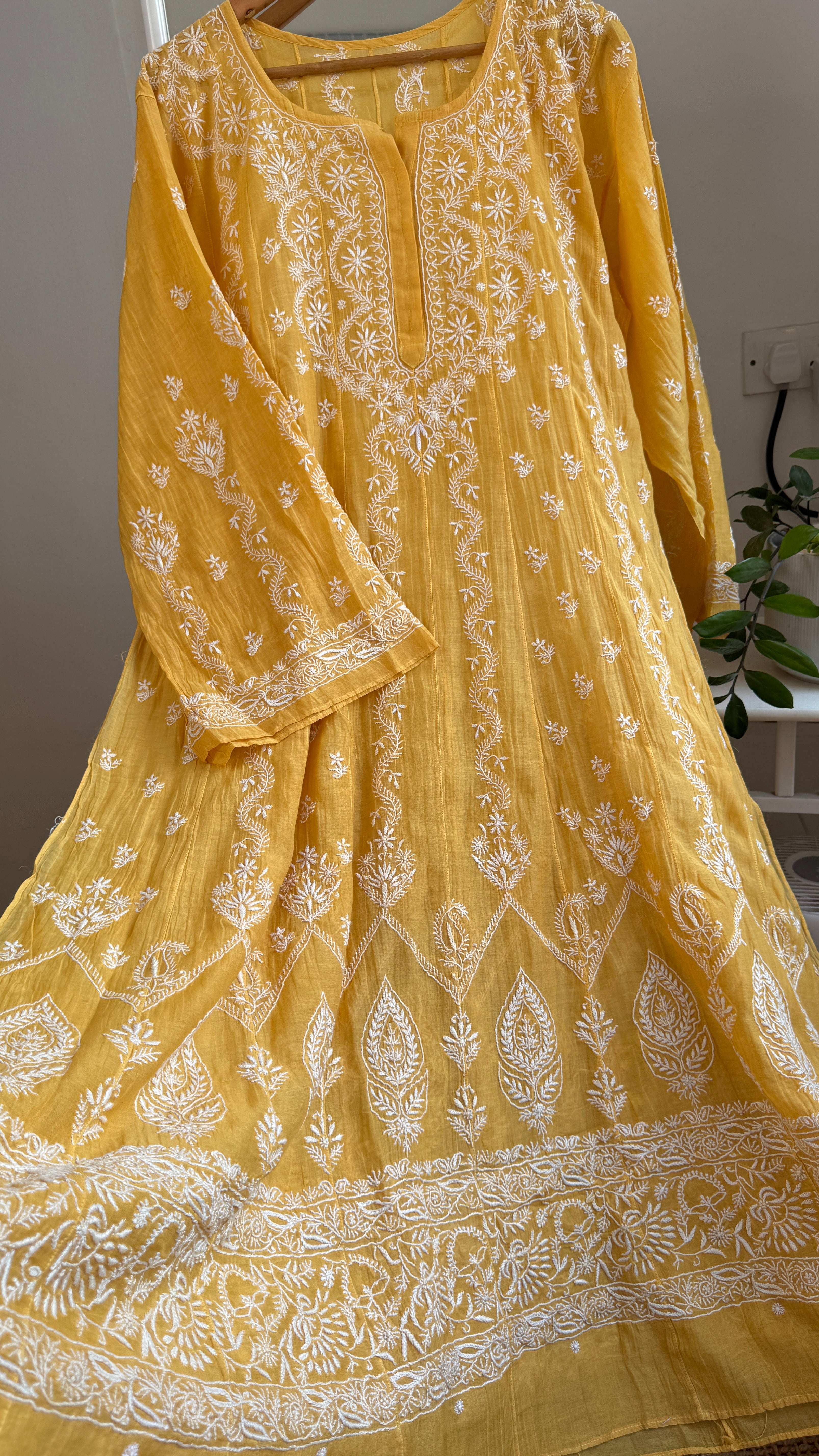 Mul Chanderi Semi-Stitched Anarkali - Yellow