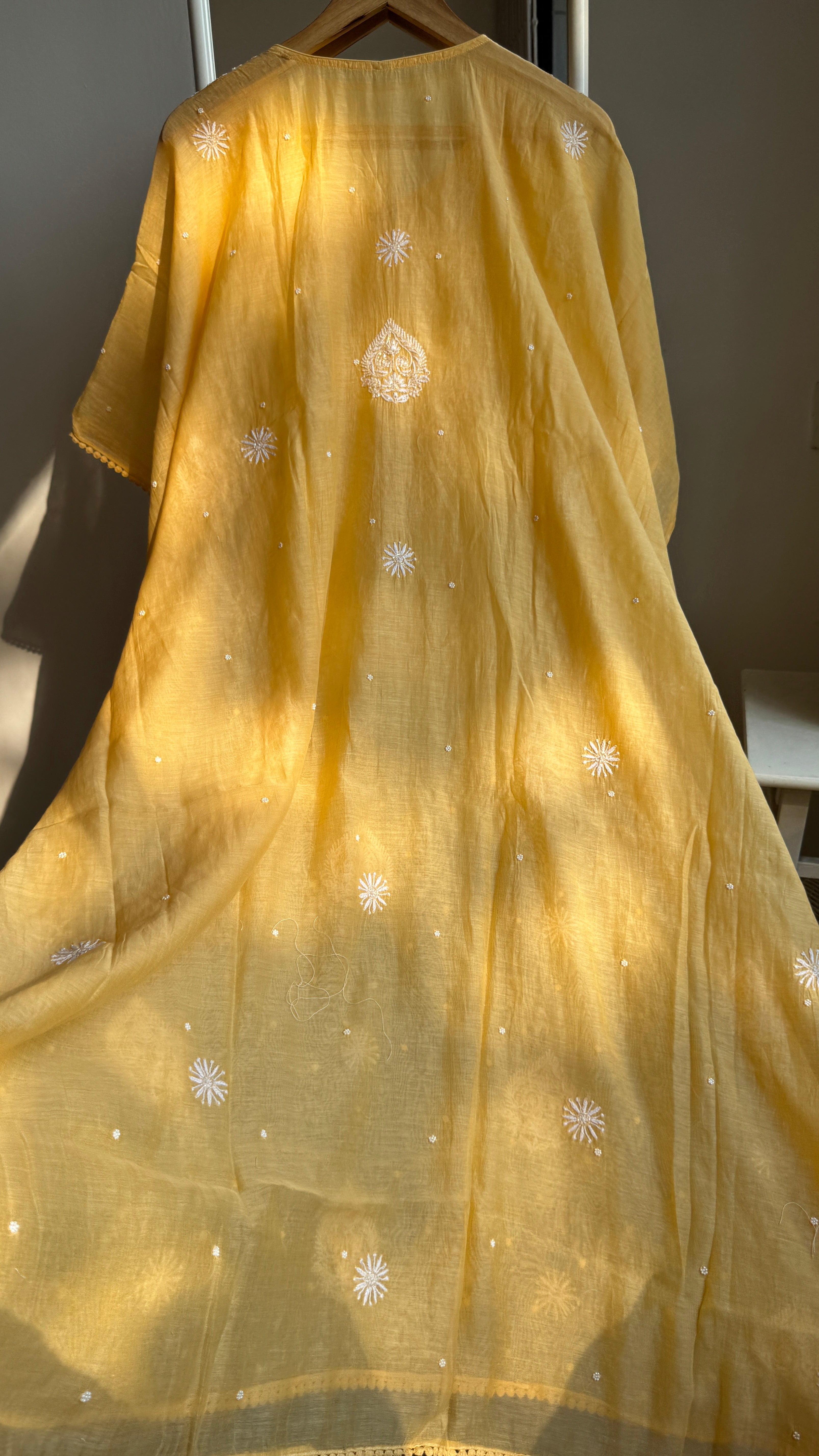 Mul Chanderi Chikankari Kaftan - Yellow