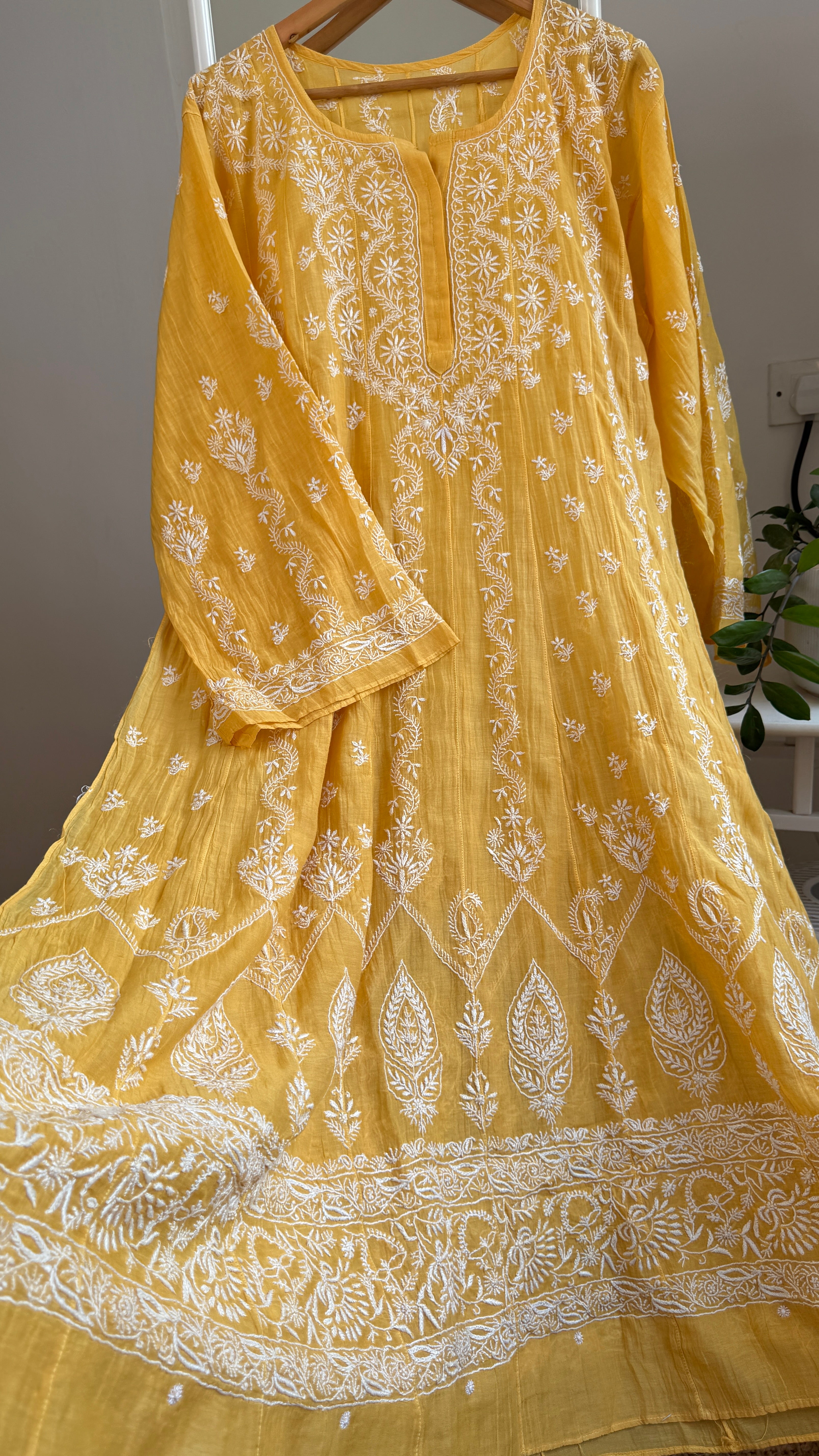Mul Chanderi Semi-Stitched Anarkali - Yellow
