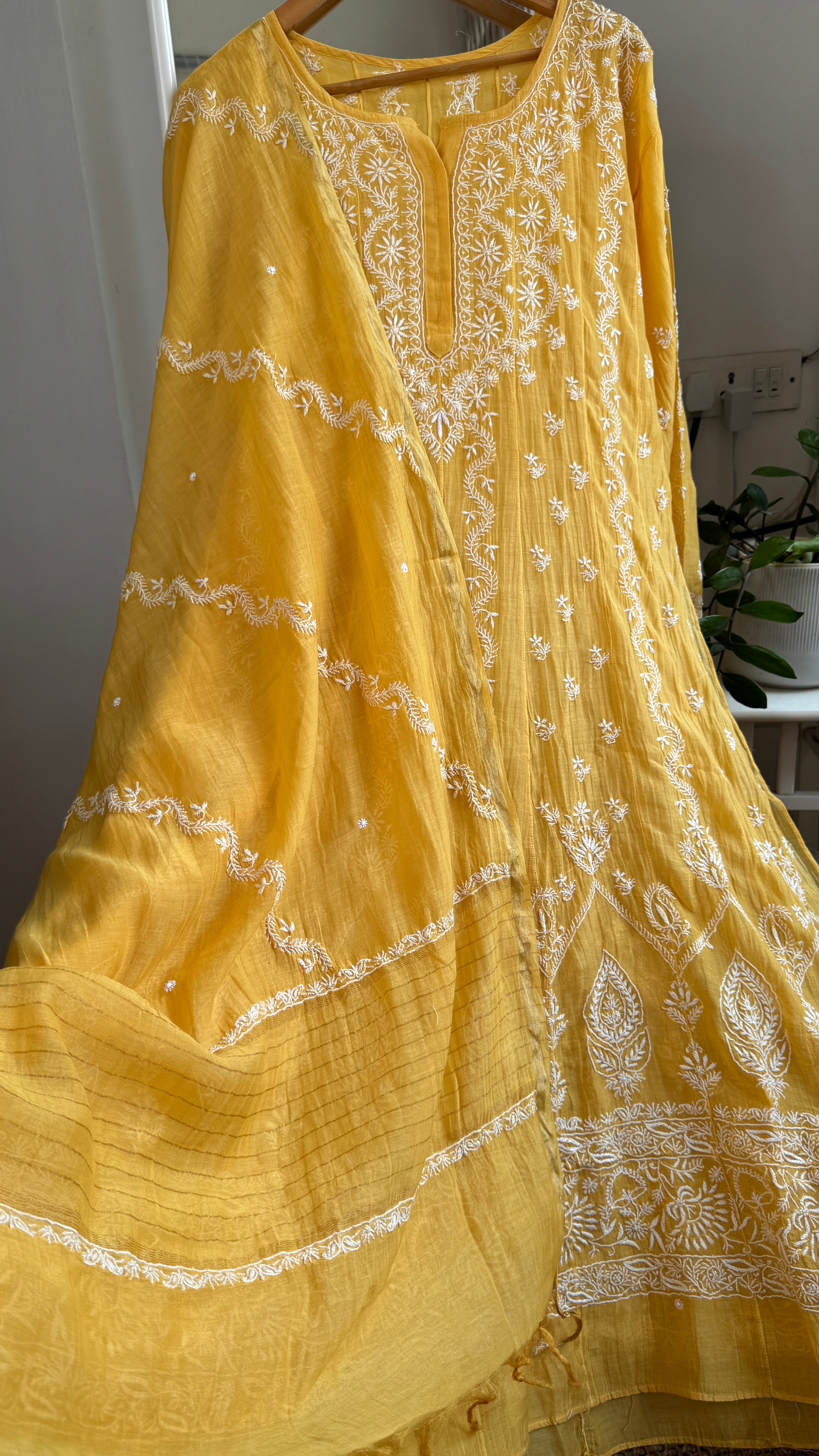 Mul Chanderi Semi-Stitched Anarkali - Yellow