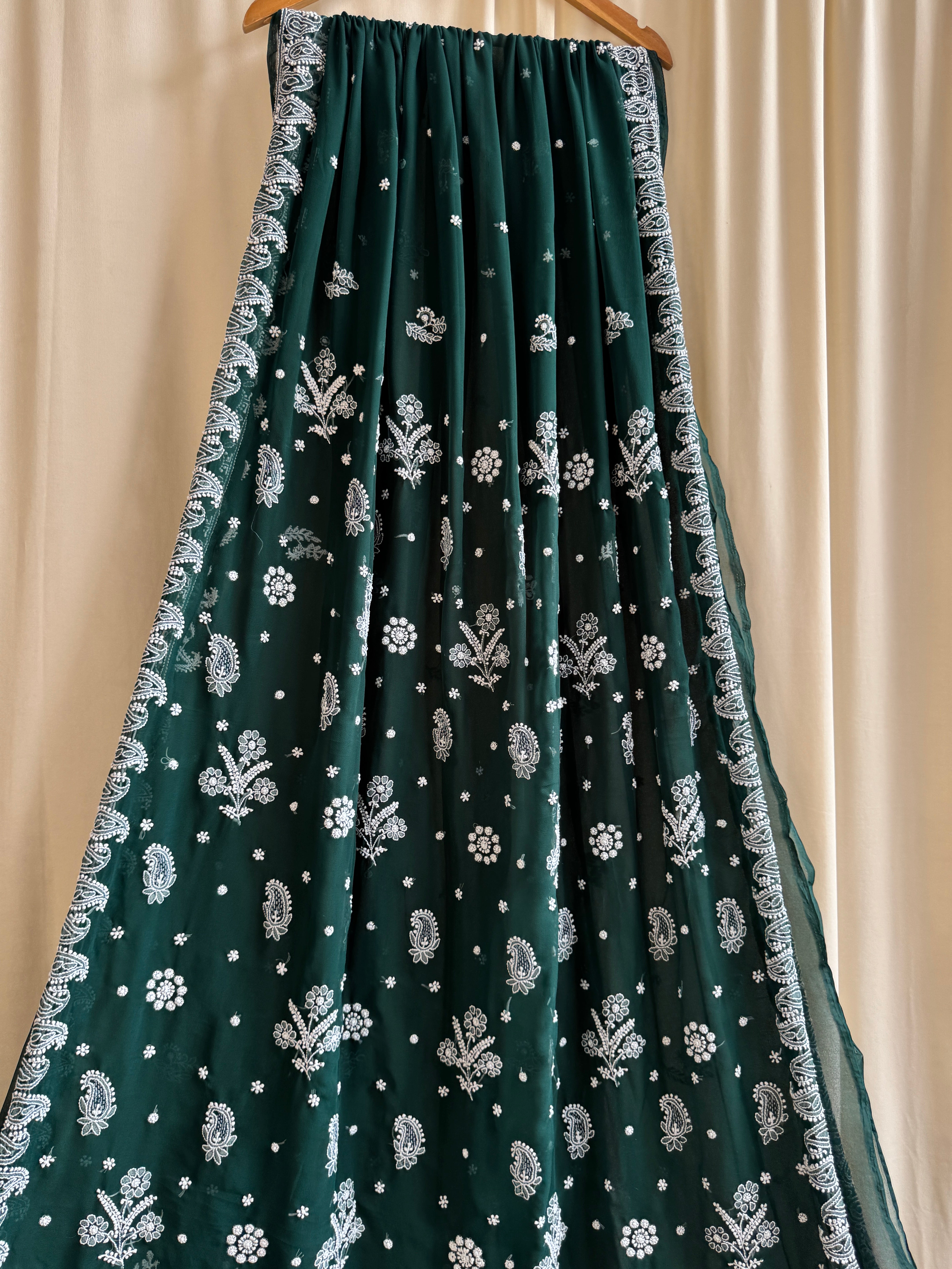 Georgette Chikankari saree in Dark Green